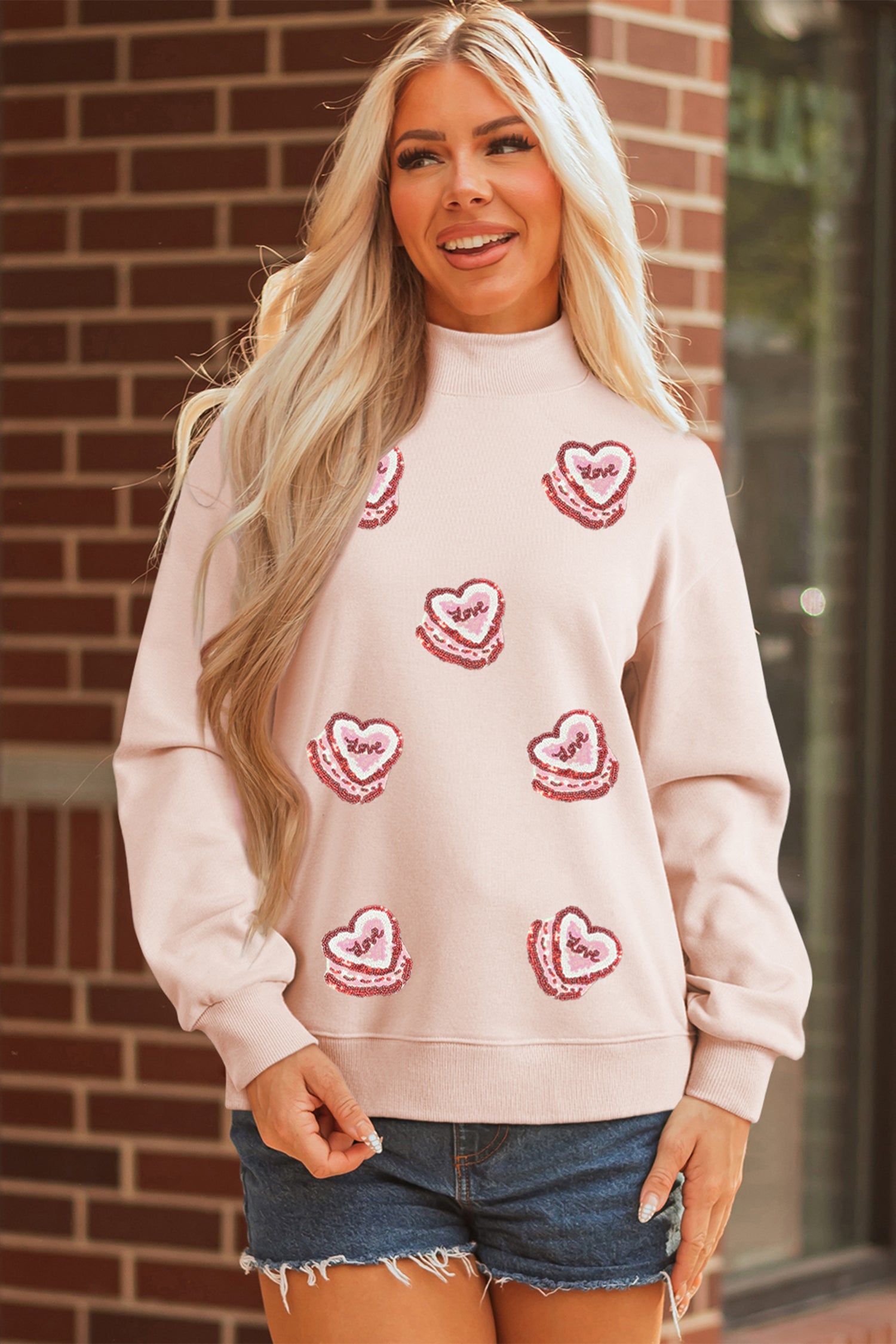 Light Pink Sequin Heart Patched Love Cake Mock Neck Sweatshirt-Graphic/Graphic Sweatshirts-[Adult]-[Female]-2022 Online Blue Zone Planet