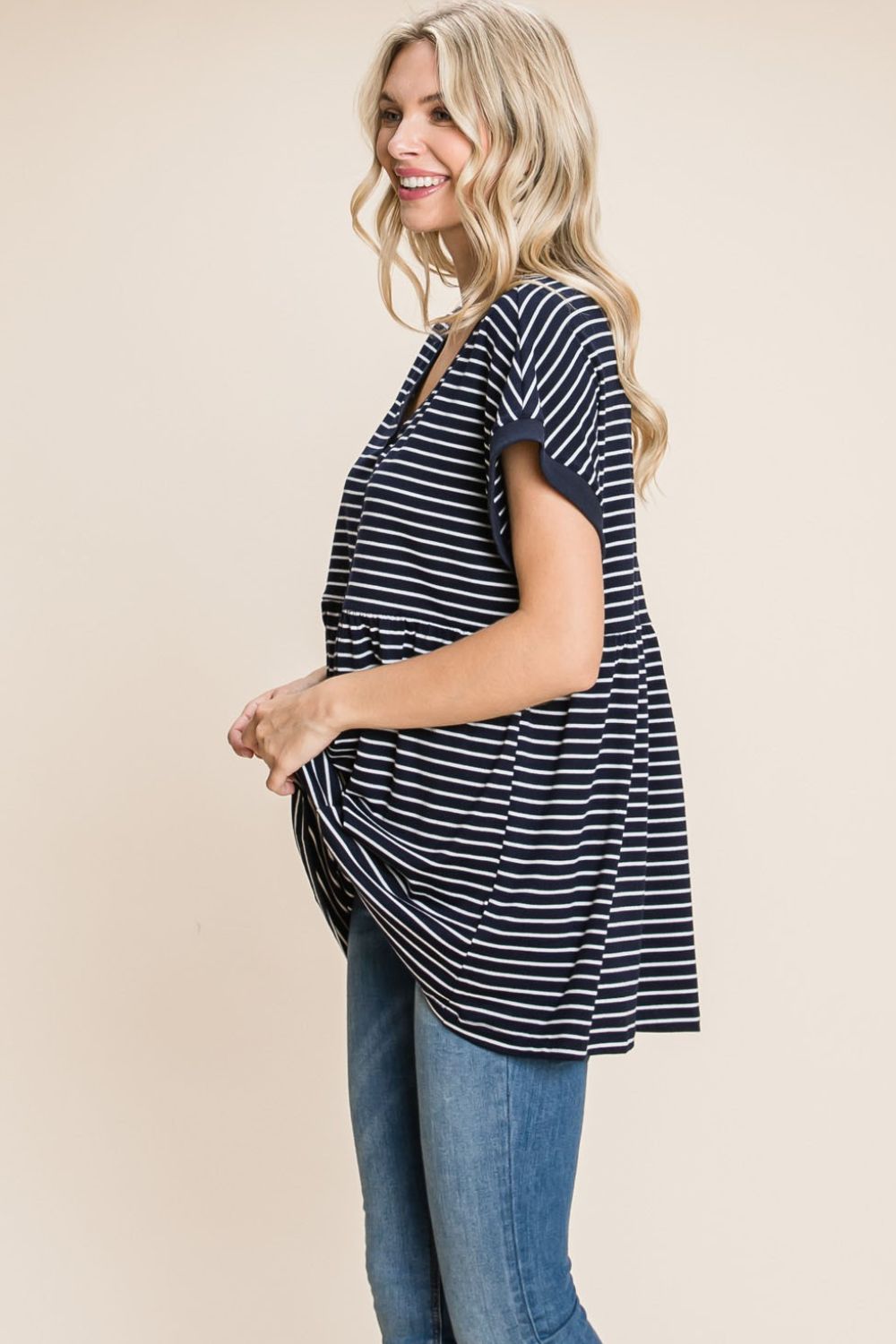 Blue Zone Planet | Cotton Bleu by Nu Label Striped Button Front Baby Doll Top-TOPS / DRESSES-[Adult]-[Female]-2022 Online Blue Zone Planet