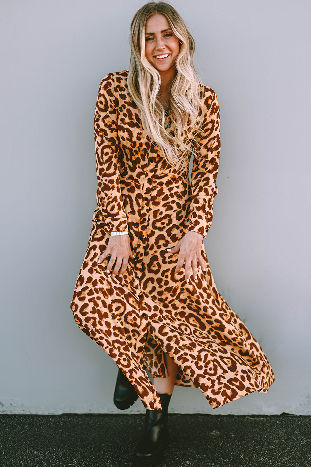 Blue Zone Planet | Leopard Button-Up Long Sleeve Maxi Dress-TOPS / DRESSES-[Adult]-[Female]-2022 Online Blue Zone Planet