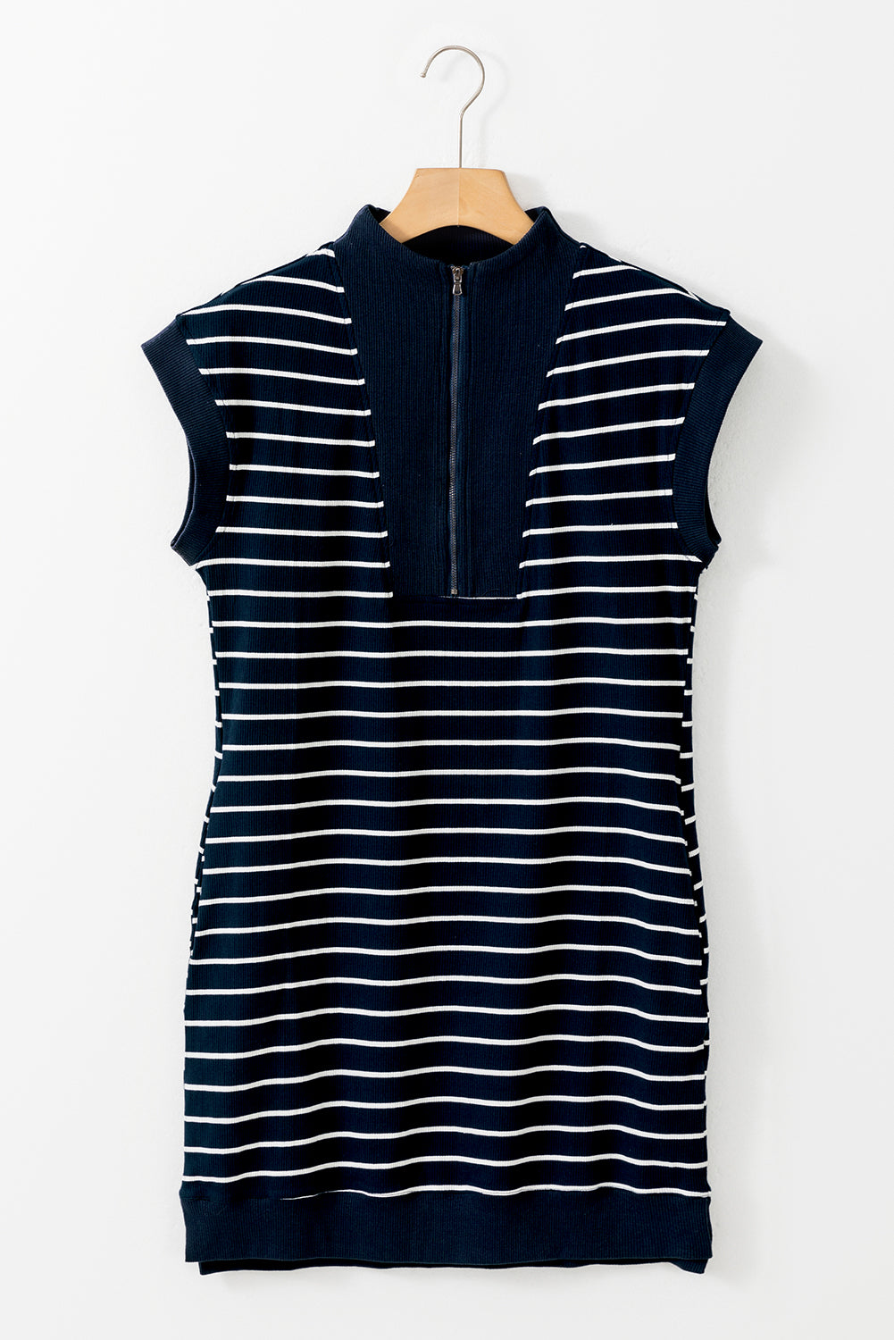 Blue Zone Planet | Blue Stripe Quarter Zip Collared Cap Sleeve Mini Dress-TOPS / DRESSES-[Adult]-[Female]-2022 Online Blue Zone Planet