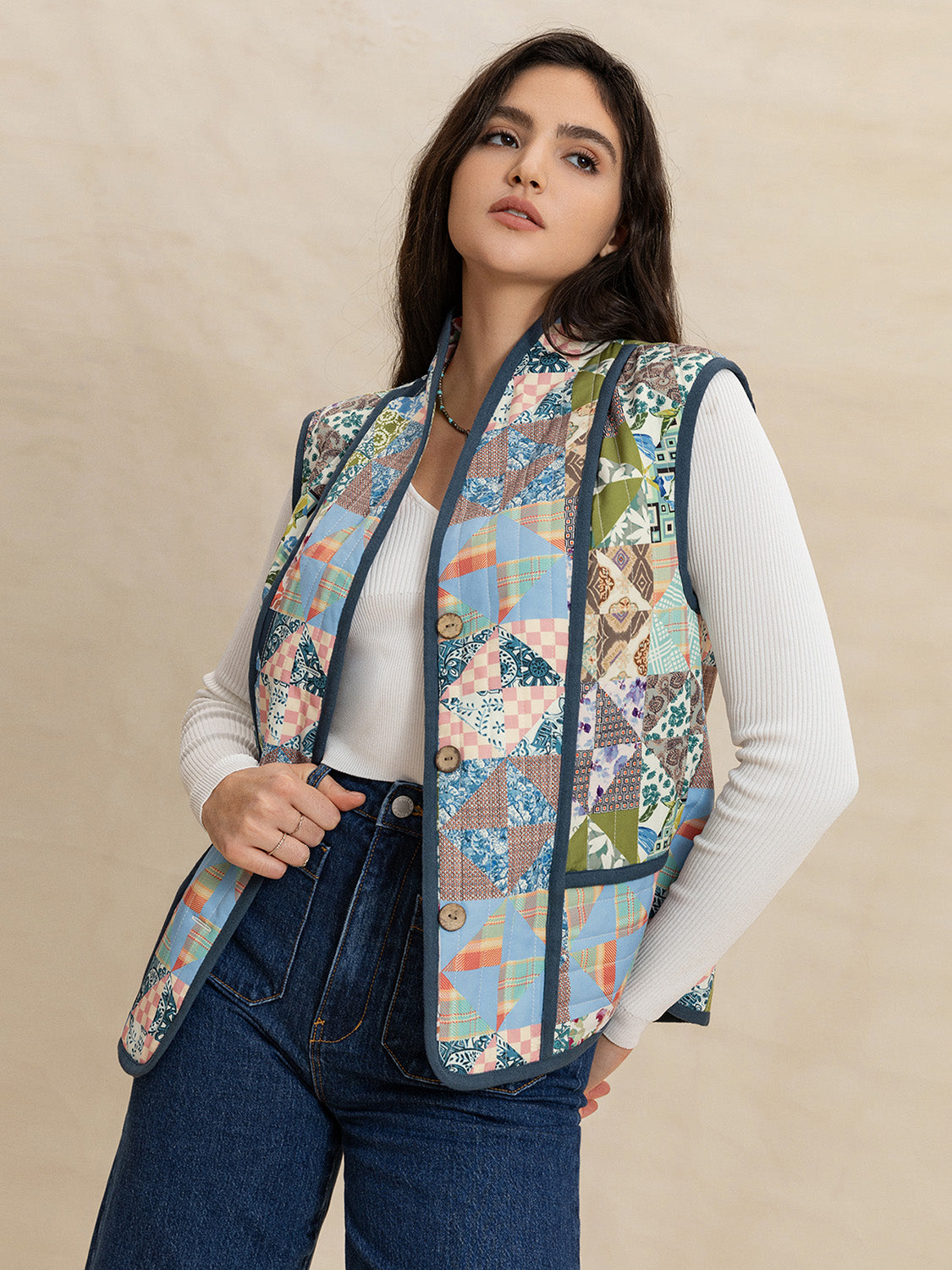 Printed Patchwork Contrast Piping Vest-TOPS / DRESSES-[Adult]-[Female]-2022 Online Blue Zone Planet