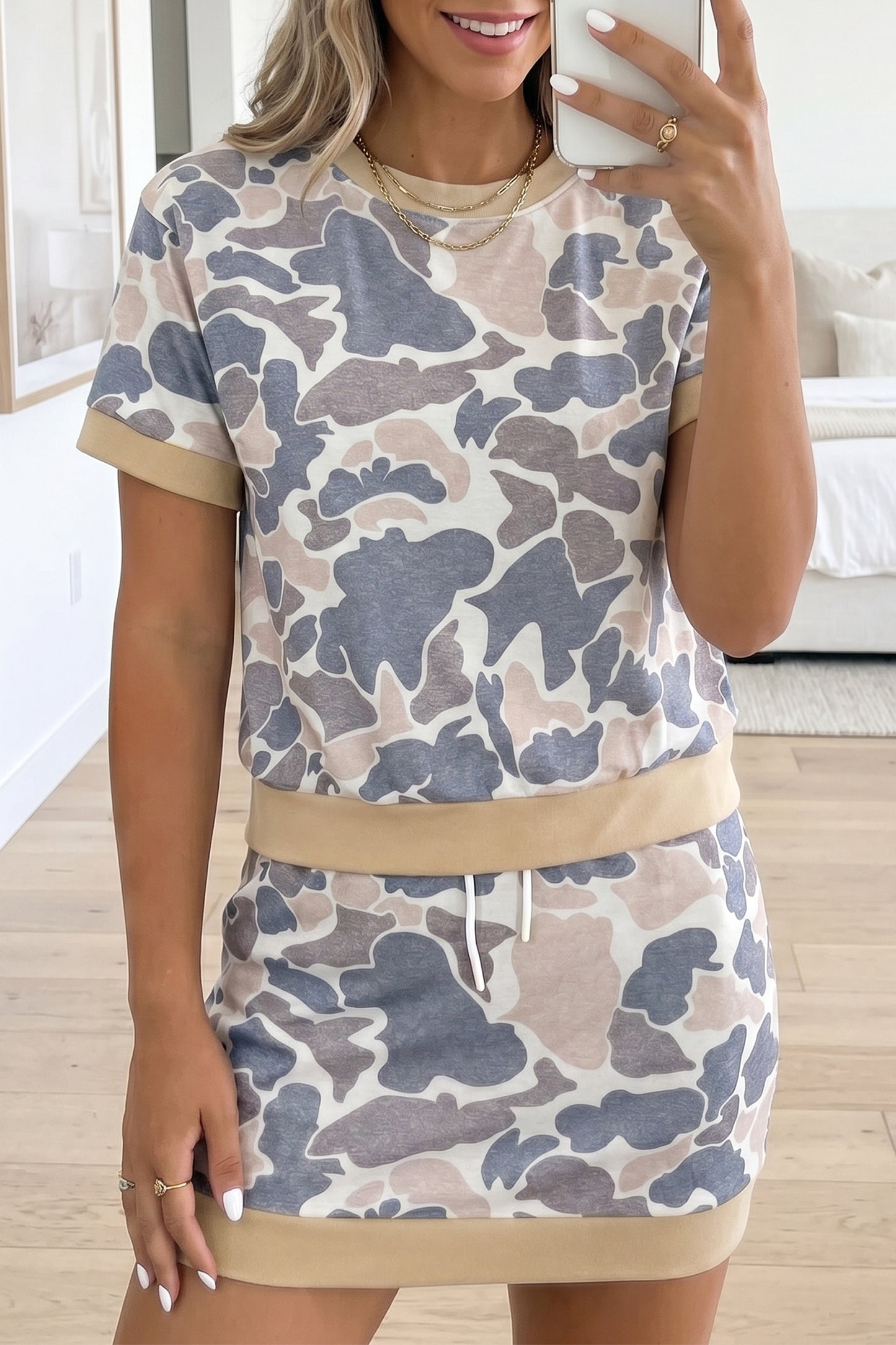 Multicolour Retro Camouflage Color Block Trim Skort 2pcs Outfit-Two Piece Sets/Two Piece Dresses-[Adult]-[Female]-Multicolour-S-2022 Online Blue Zone Planet