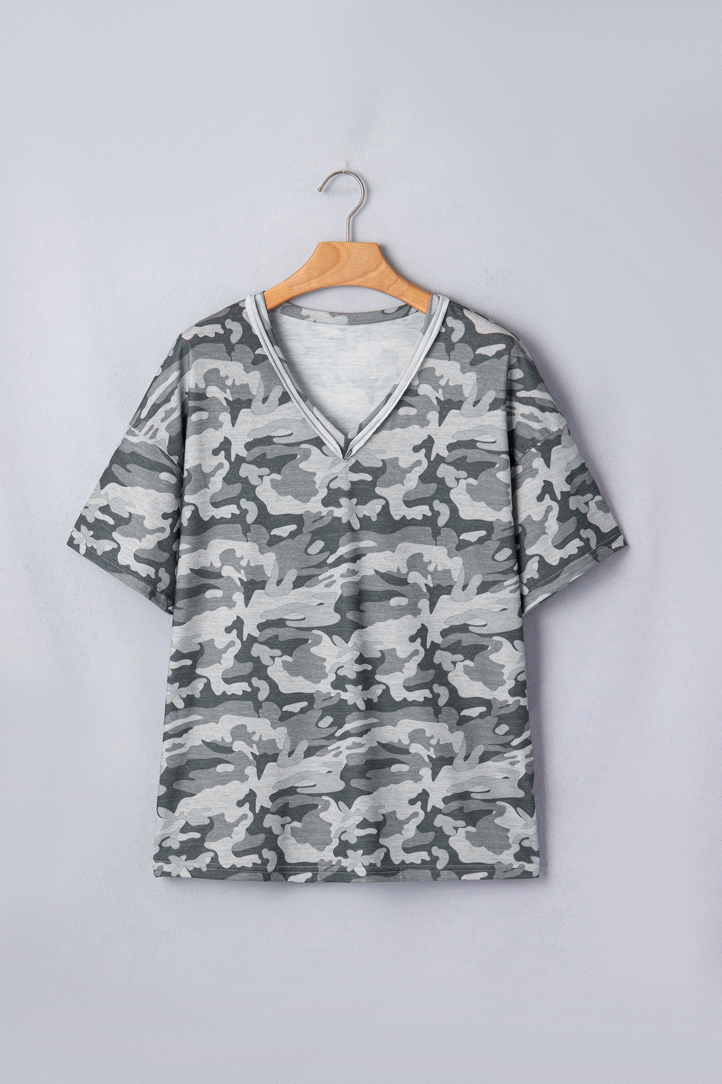 Green Retro Camouflage Print Raw Edge V Neck Tee-Tops/Tops & Tees-[Adult]-[Female]-2022 Online Blue Zone Planet