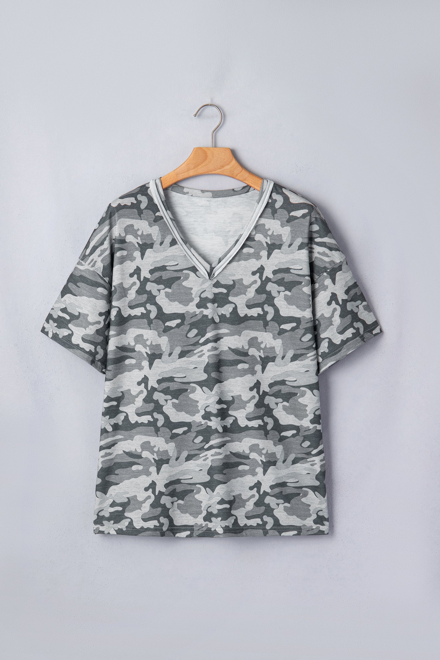 Green Retro Camouflage Print Raw Edge V Neck Tee-Tops/Tops & Tees-[Adult]-[Female]-2022 Online Blue Zone Planet
