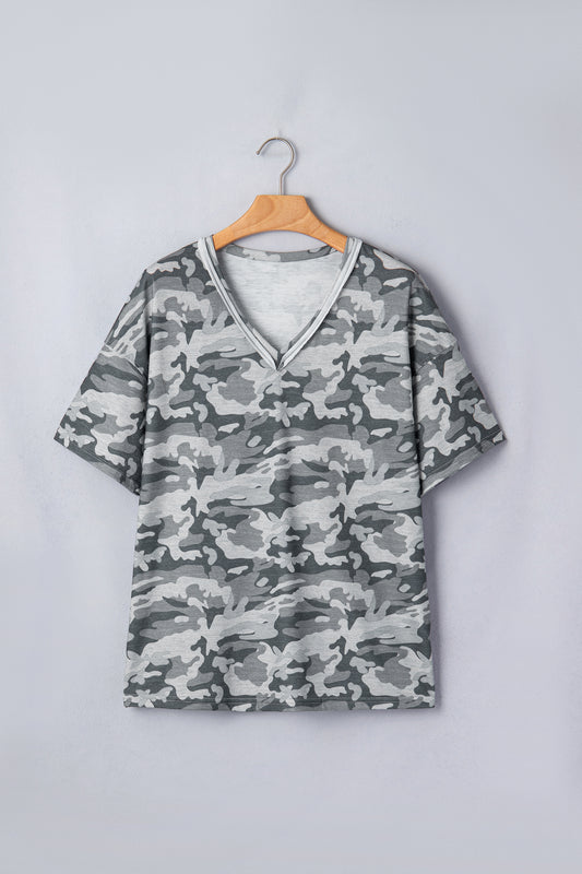 Green Retro Camouflage Print Raw Edge V Neck Tee-Tops/Tops & Tees-[Adult]-[Female]-2022 Online Blue Zone Planet