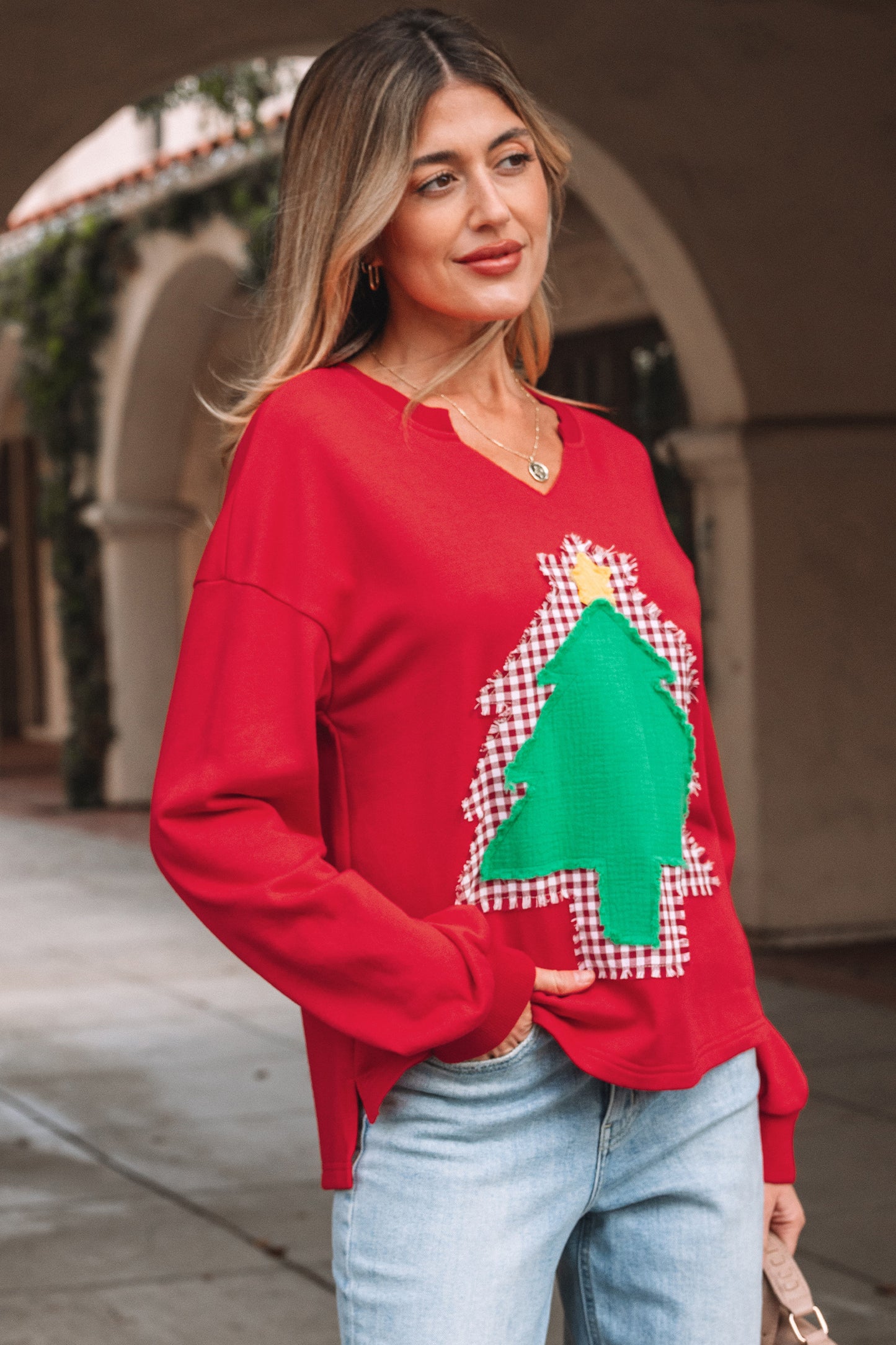 Fiery Red Plaid Frayed Double Christmas Tree Patched Drop Shoulder Sweatshirt-Tops/Sweatshirts & Hoodies-[Adult]-[Female]-2022 Online Blue Zone Planet