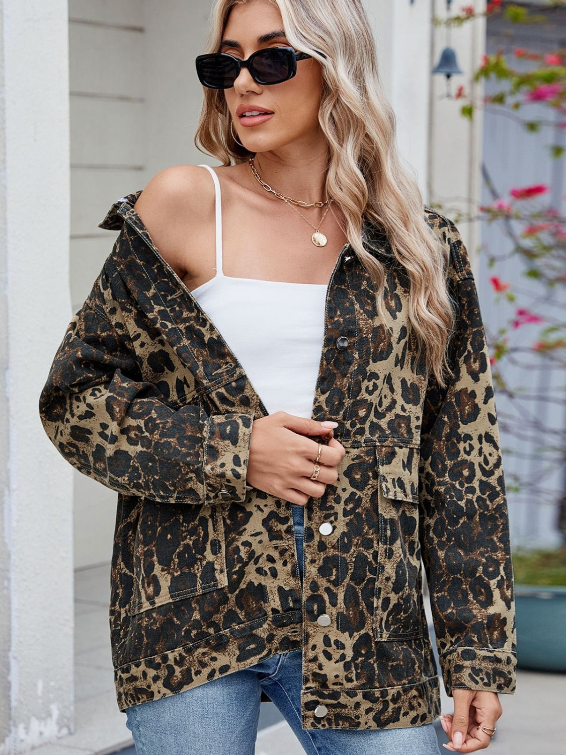 Leopard Button Up Drop Shoulder Denim Jacket-TOPS / DRESSES-[Adult]-[Female]-2022 Online Blue Zone Planet