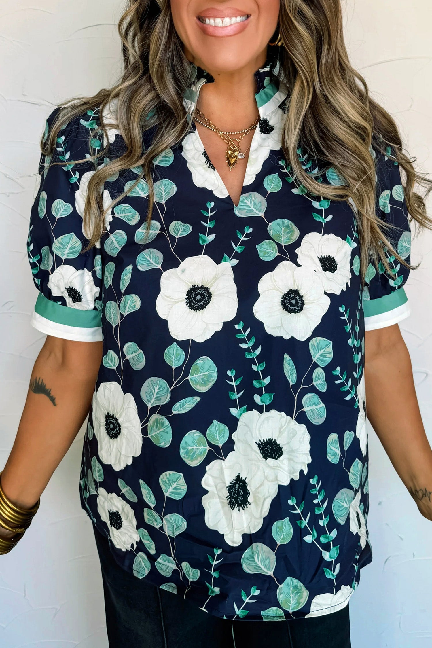 Blue Floral Print Striped Patchwork V Neck Short Sleeve Blouse-Tops/Blouses & Shirts-[Adult]-[Female]-2022 Online Blue Zone Planet
