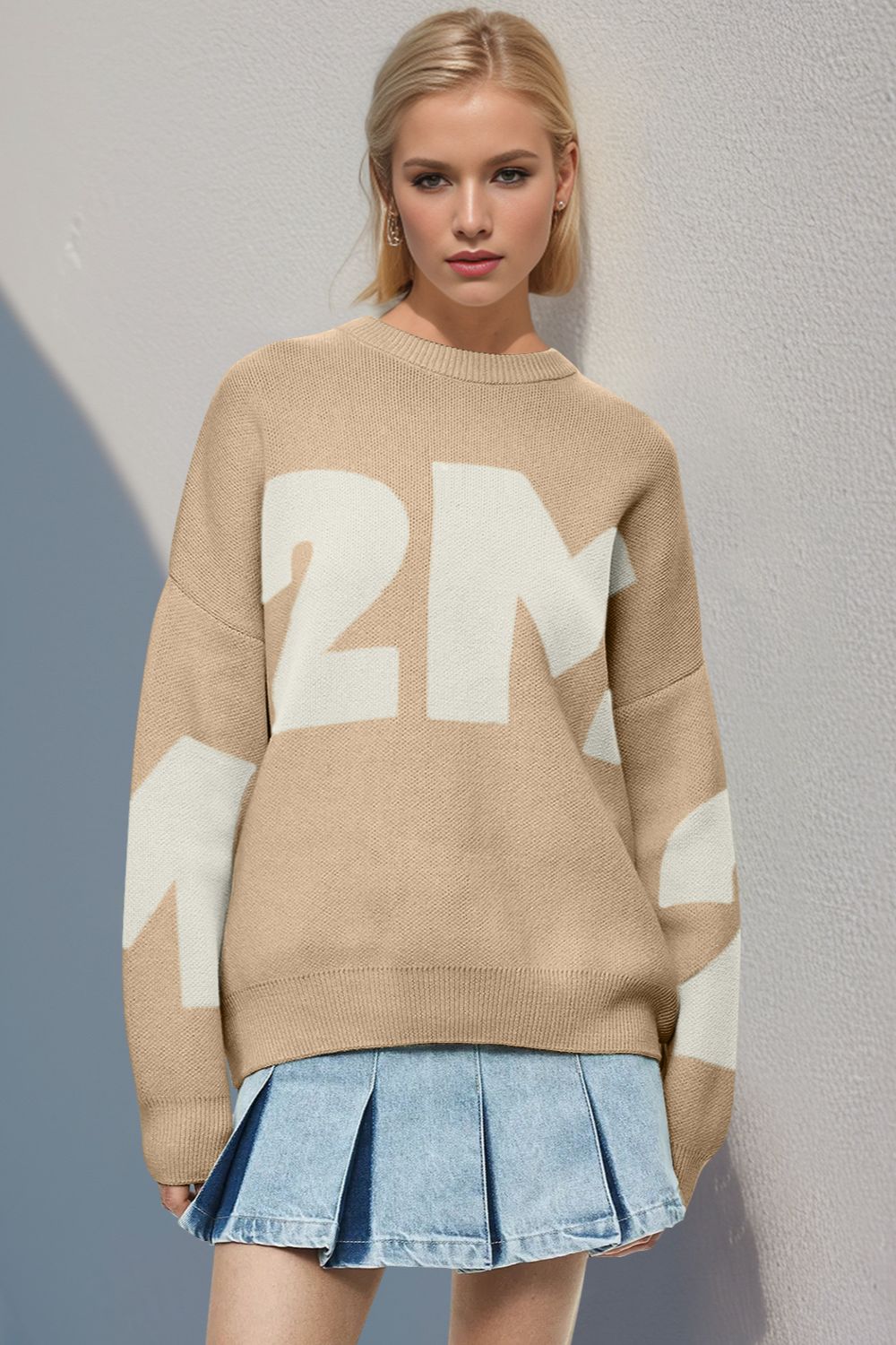 Basic Bae Contrast Letter Round Neck Long Sleeve Sweater-TOPS / DRESSES-[Adult]-[Female]-Tan-One Size-2022 Online Blue Zone Planet