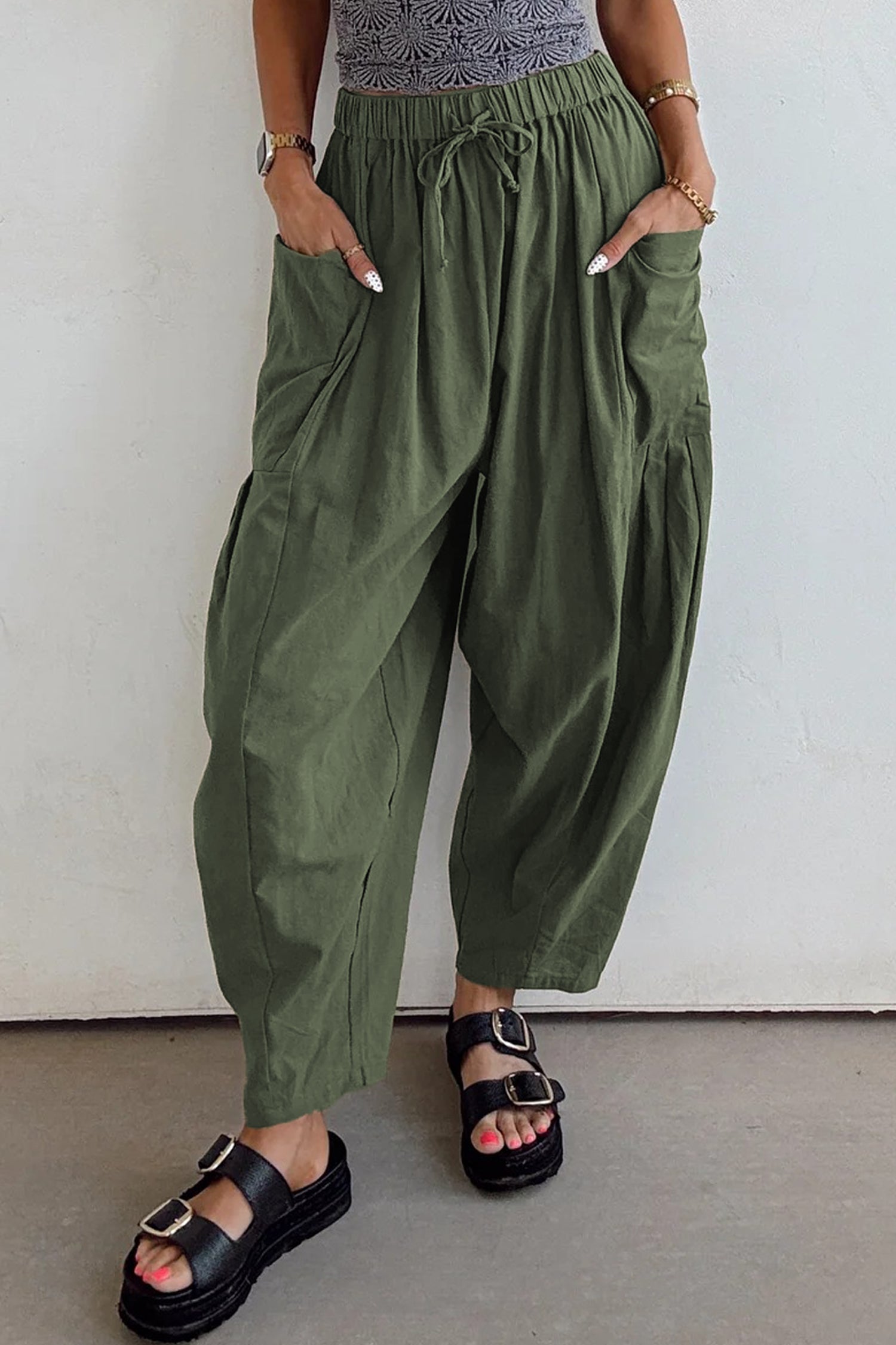 Jungle Green Drawstring Elastic Waist Patch Pocket Barrel Leg Casual Pants-Bottoms/Pants & Culotte-[Adult]-[Female]-2022 Online Blue Zone Planet