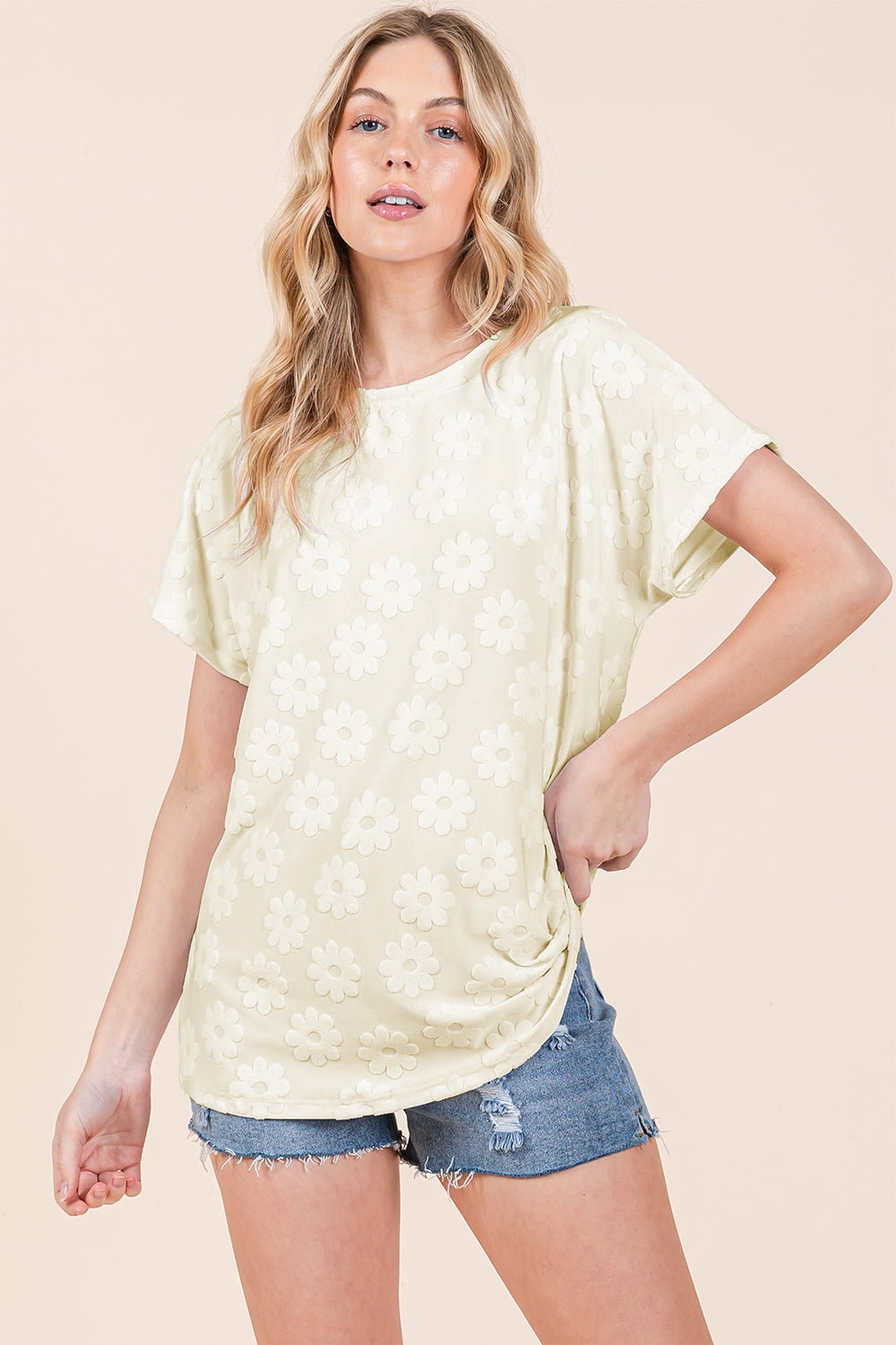 Blue Zone Planet | BOMBOM Textured Floral Pattern Short Sleeve T-Shirt-TOPS / DRESSES-[Adult]-[Female]-2022 Online Blue Zone Planet