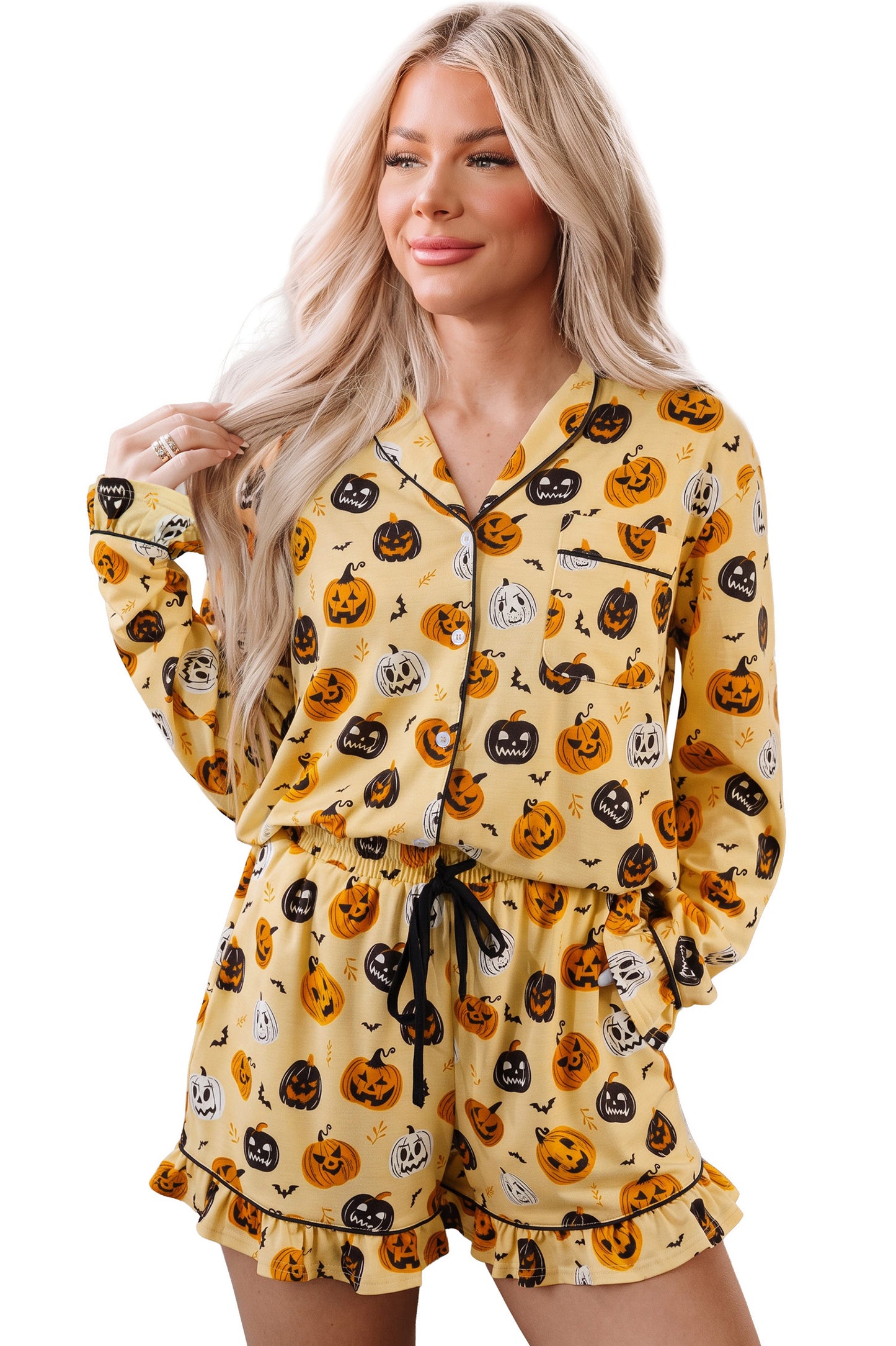 Orange Long Sleeve Ruffle Pumpkin Face Print Two Piece Lounge Set-Loungewear & Sleepwear/Loungewear-[Adult]-[Female]-2022 Online Blue Zone Planet