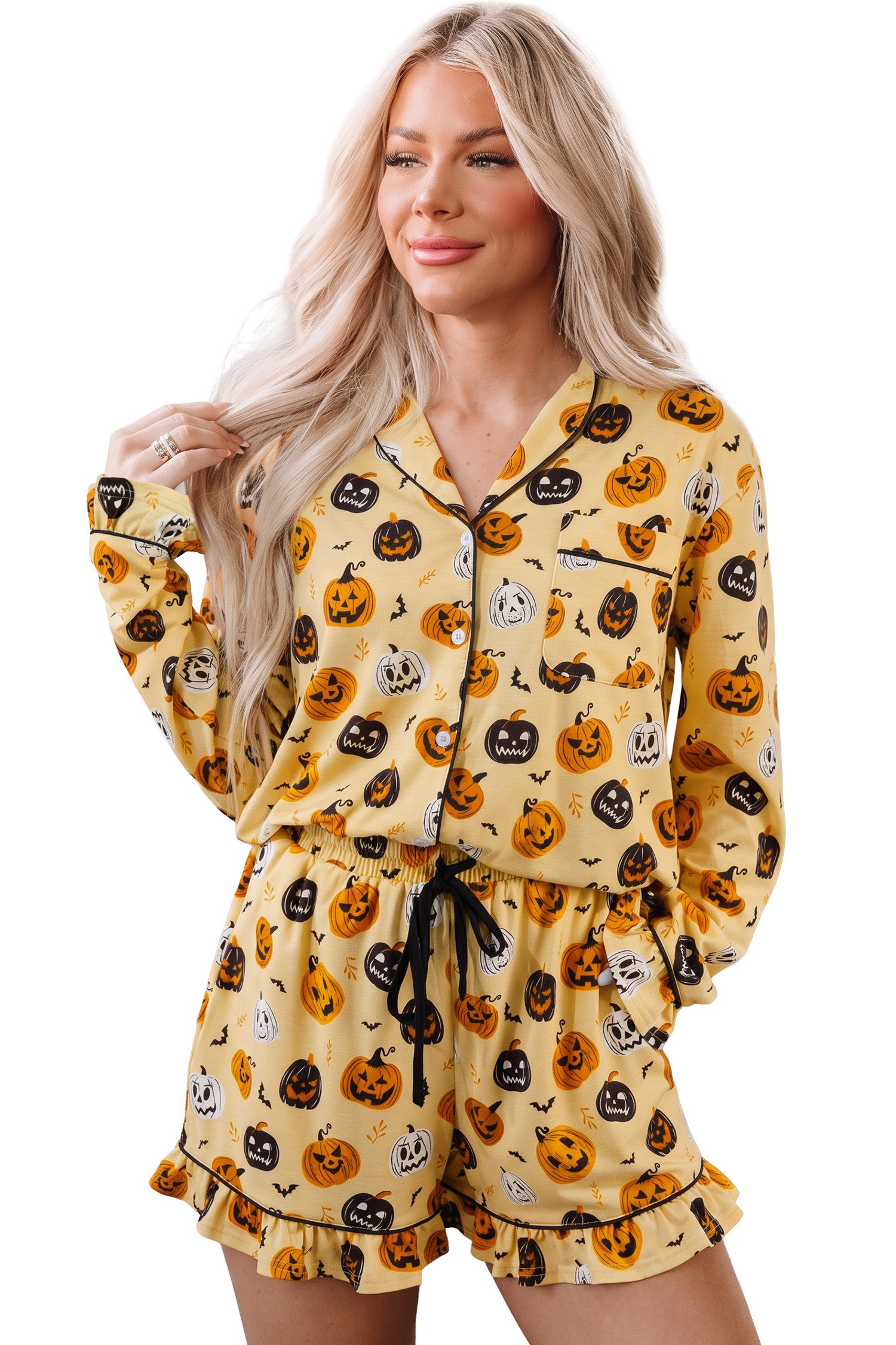 Orange Long Sleeve Ruffle Pumpkin Face Print Two Piece Lounge Set-Loungewear & Sleepwear/Loungewear-[Adult]-[Female]-2022 Online Blue Zone Planet