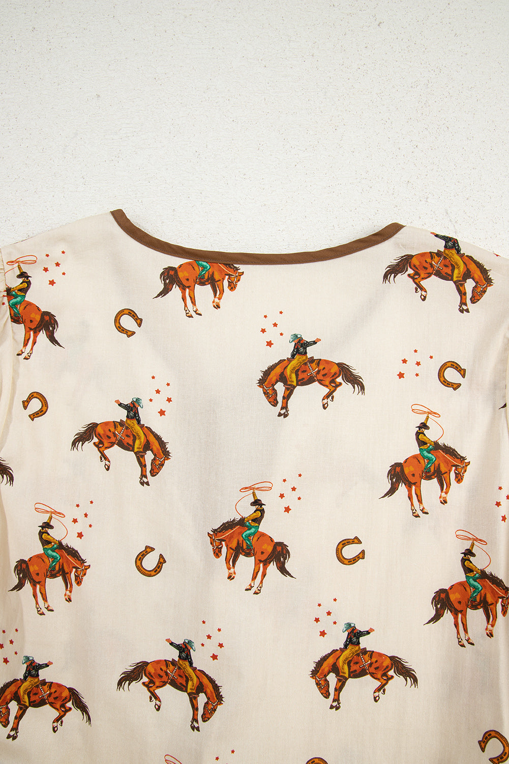 Apricot Cowboy Print Puff Sleeve Bowknot Peplum Blouse-Tops/Blouses & Shirts-[Adult]-[Female]-2022 Online Blue Zone Planet