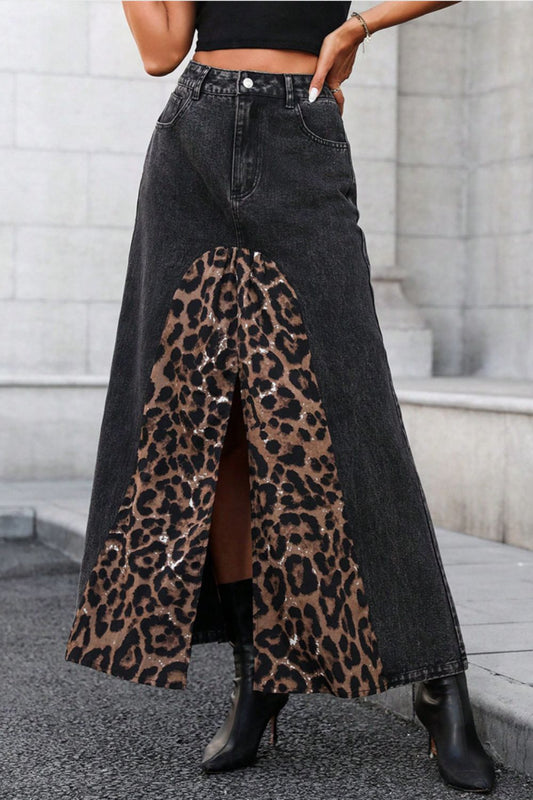 Slit Leopard Midi Denim Skirt-BOTTOMS SIZES SMALL MEDIUM LARGE-[Adult]-[Female]-Black-XS-2022 Online Blue Zone Planet