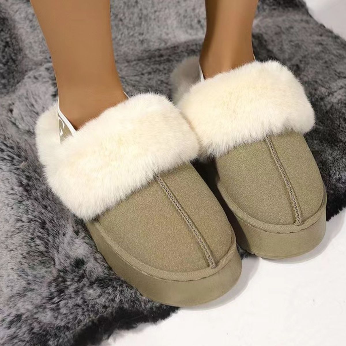 Blue Zone Planet | Plush Platform Slippers with Letter Strap-SHOES-[Adult]-[Female]-Khaki-36(US5)-2022 Online Blue Zone Planet