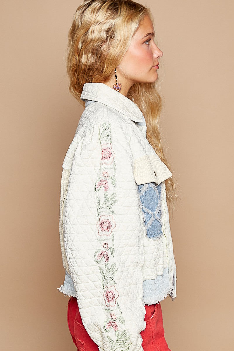 Blue Zone Planet | POL Embroidered Sleeve Raw Edge Quilted Jacket-TOPS / DRESSES-[Adult]-[Female]-2022 Online Blue Zone Planet