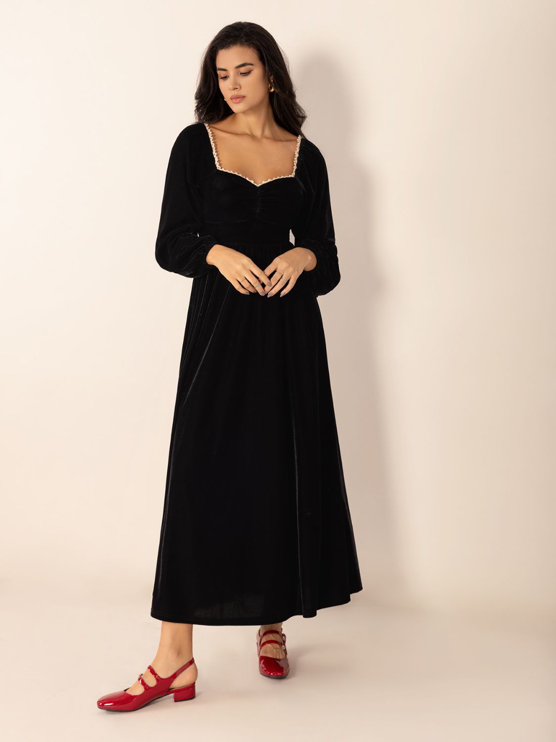 Sweetheart Neck Long Sleeve Midi Dress-TOPS / DRESSES-[Adult]-[Female]-2022 Online Blue Zone Planet