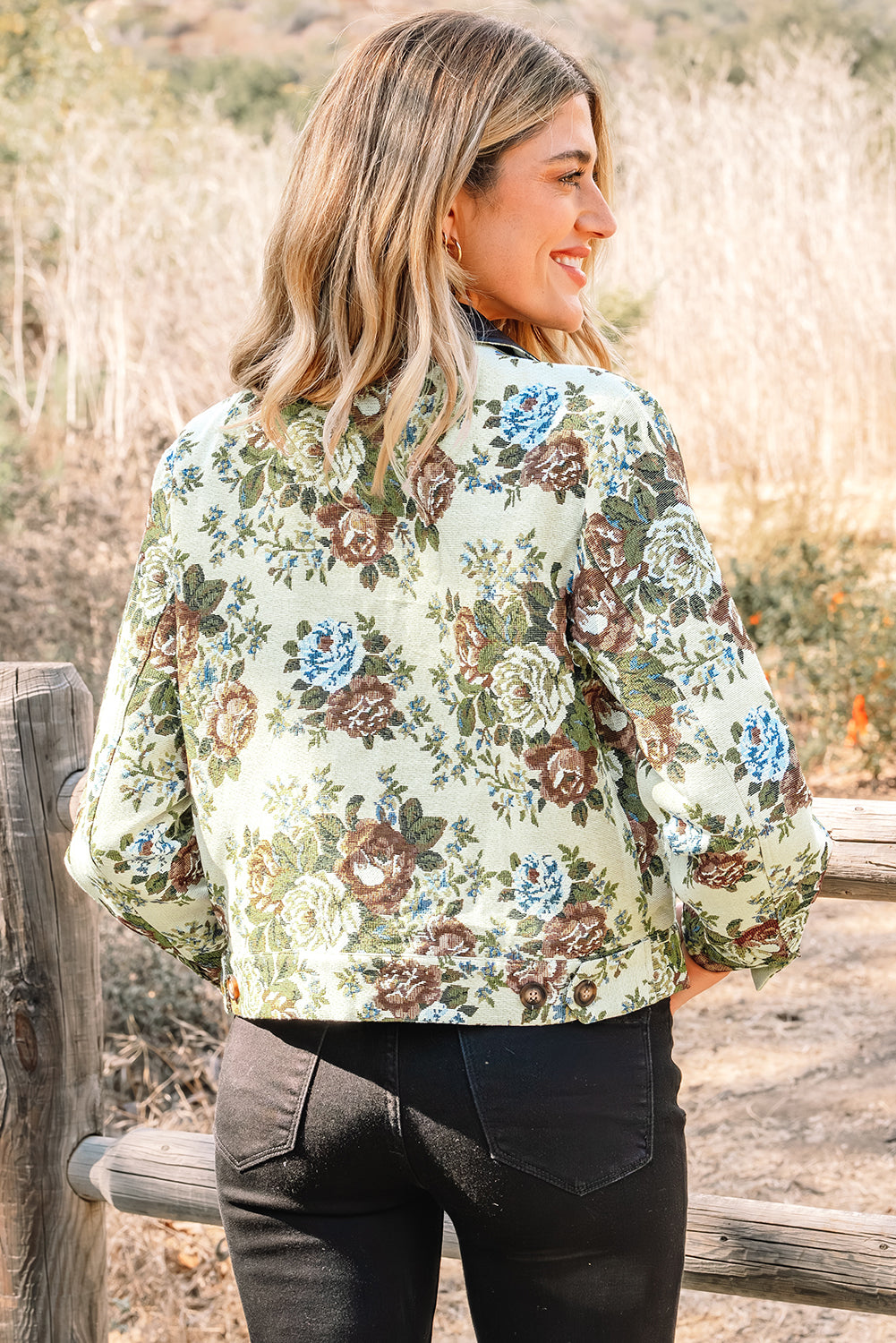 Khaki Floral Print Zip Up Contrast Collared Jacket-Outerwear/Jackets-[Adult]-[Female]-2022 Online Blue Zone Planet