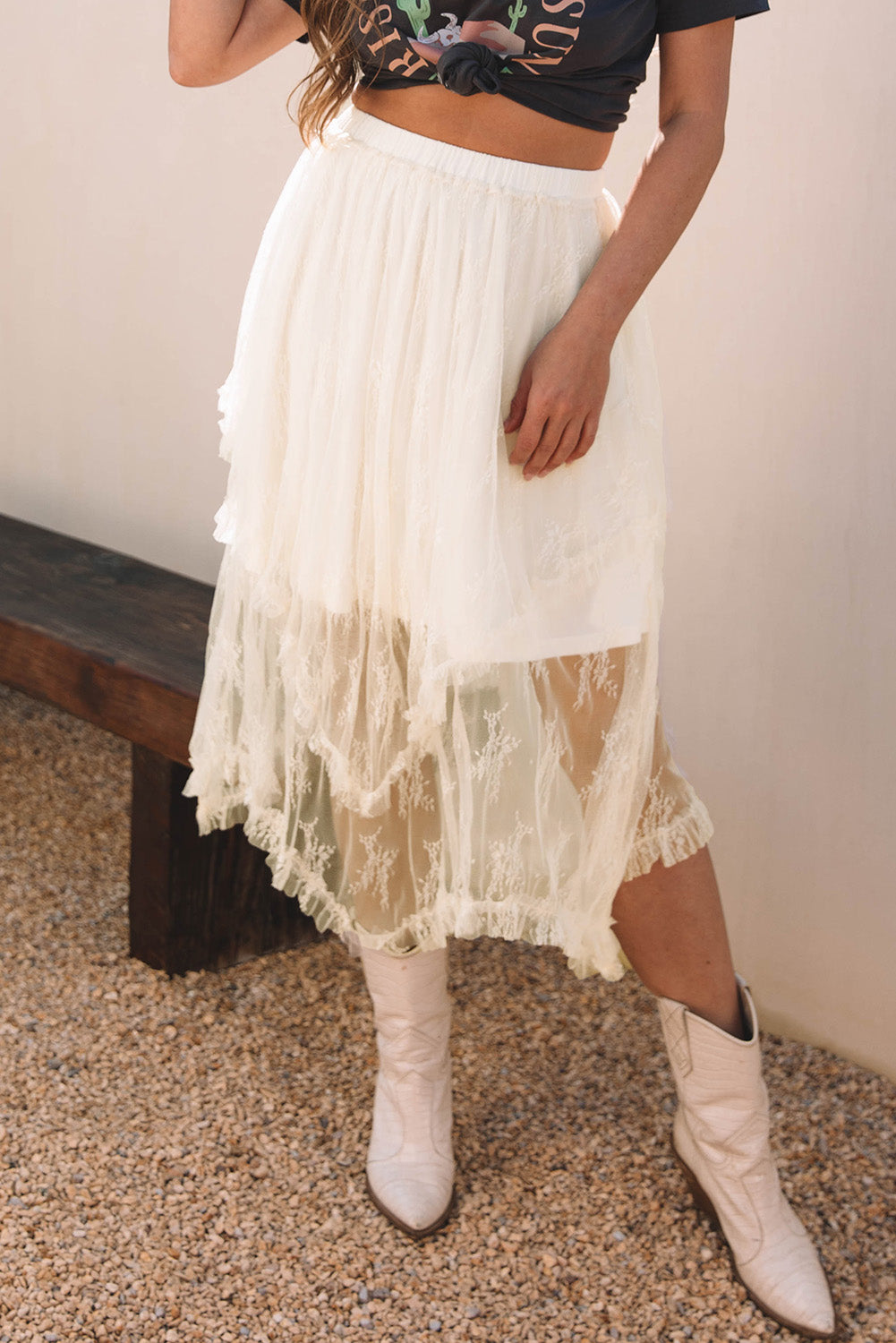 Beige Lace Cascading Tiered High Waist Maxi Skirt-Bottoms/Skirts & Petticoat-[Adult]-[Female]-2022 Online Blue Zone Planet