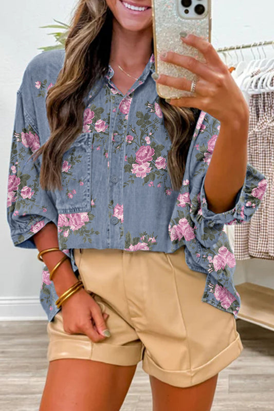 Blue Bracelet Sleeve Floral Denim Shirt-Tops/Blouses & Shirts-[Adult]-[Female]-Blue-S-2022 Online Blue Zone Planet