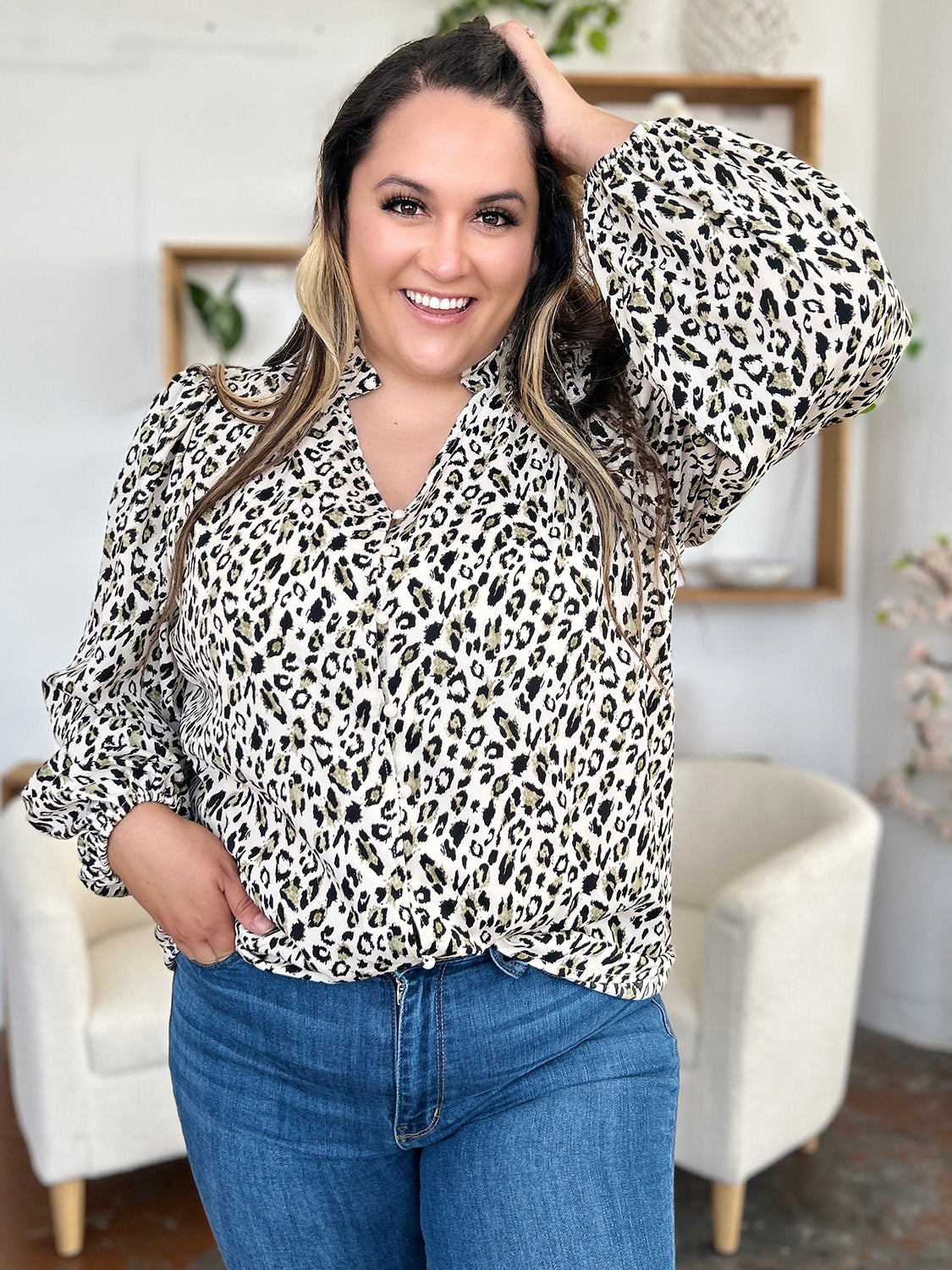 Blue Zone Planet | Double Take Full Size Leopard Long Sleeve Blouse-TOPS / DRESSES-[Adult]-[Female]-2022 Online Blue Zone Planet