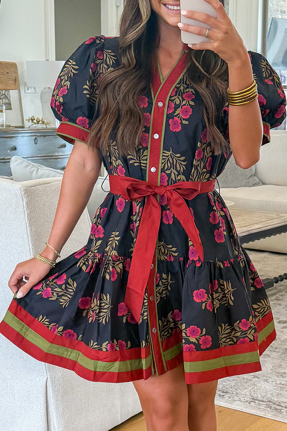 Black Retro Floral Print Button Down Belted Short Puff Sleeve Mini Dress-TOPS / DRESSES-[Adult]-[Female]-Black-S-2022 Online Blue Zone Planet