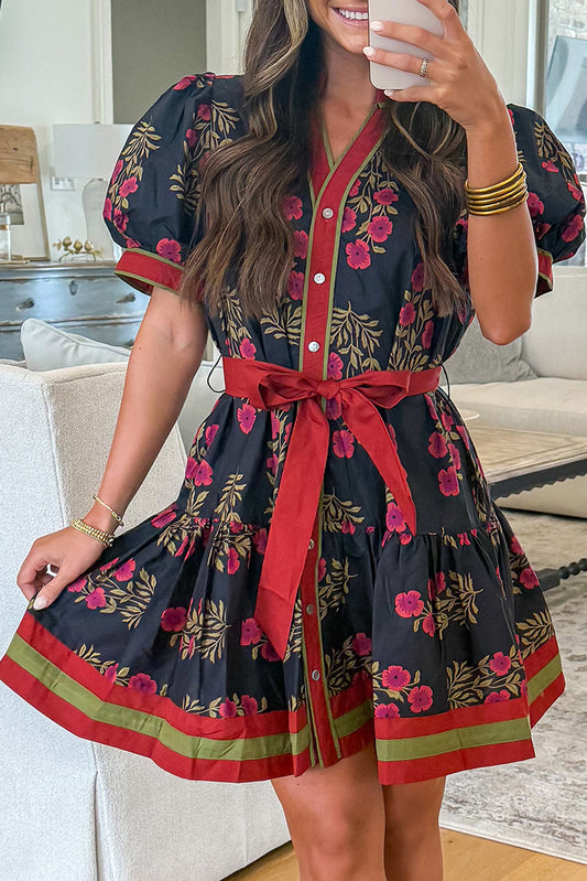 Black Retro Floral Print Button Down Belted Short Puff Sleeve Mini Dress-TOPS / DRESSES-[Adult]-[Female]-Black-S-2022 Online Blue Zone Planet