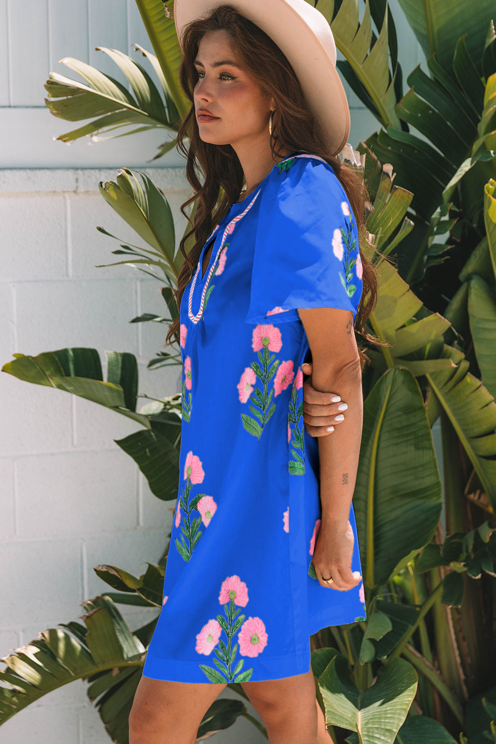 Blue Floral Short Sleeve Split Neck Loose Mini Dress-TOPS / DRESSES-[Adult]-[Female]-2022 Online Blue Zone Planet