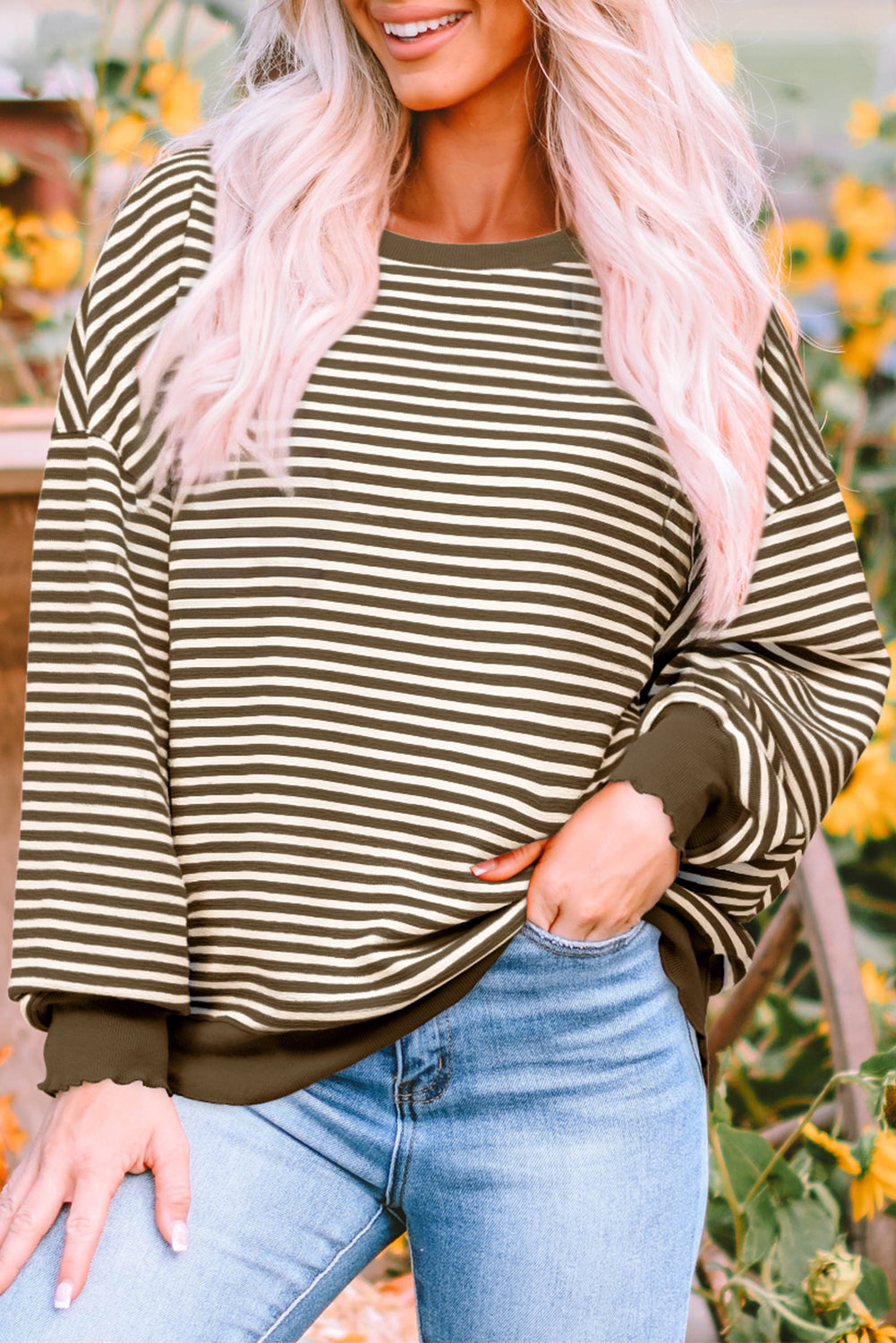 Blue Zone Planet | Brown Stripe Loose Drop Shoulder Long Sleeve Top-Tops/Long Sleeve Tops-[Adult]-[Female]-2022 Online Blue Zone Planet