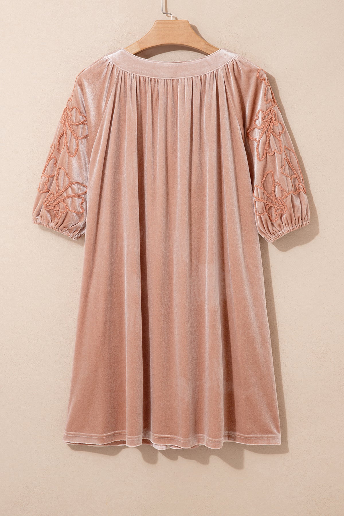 Light French Beige Embroidered Sleeve Velvet Mini Shift Dress-TOPS / DRESSES-[Adult]-[Female]-2022 Online Blue Zone Planet