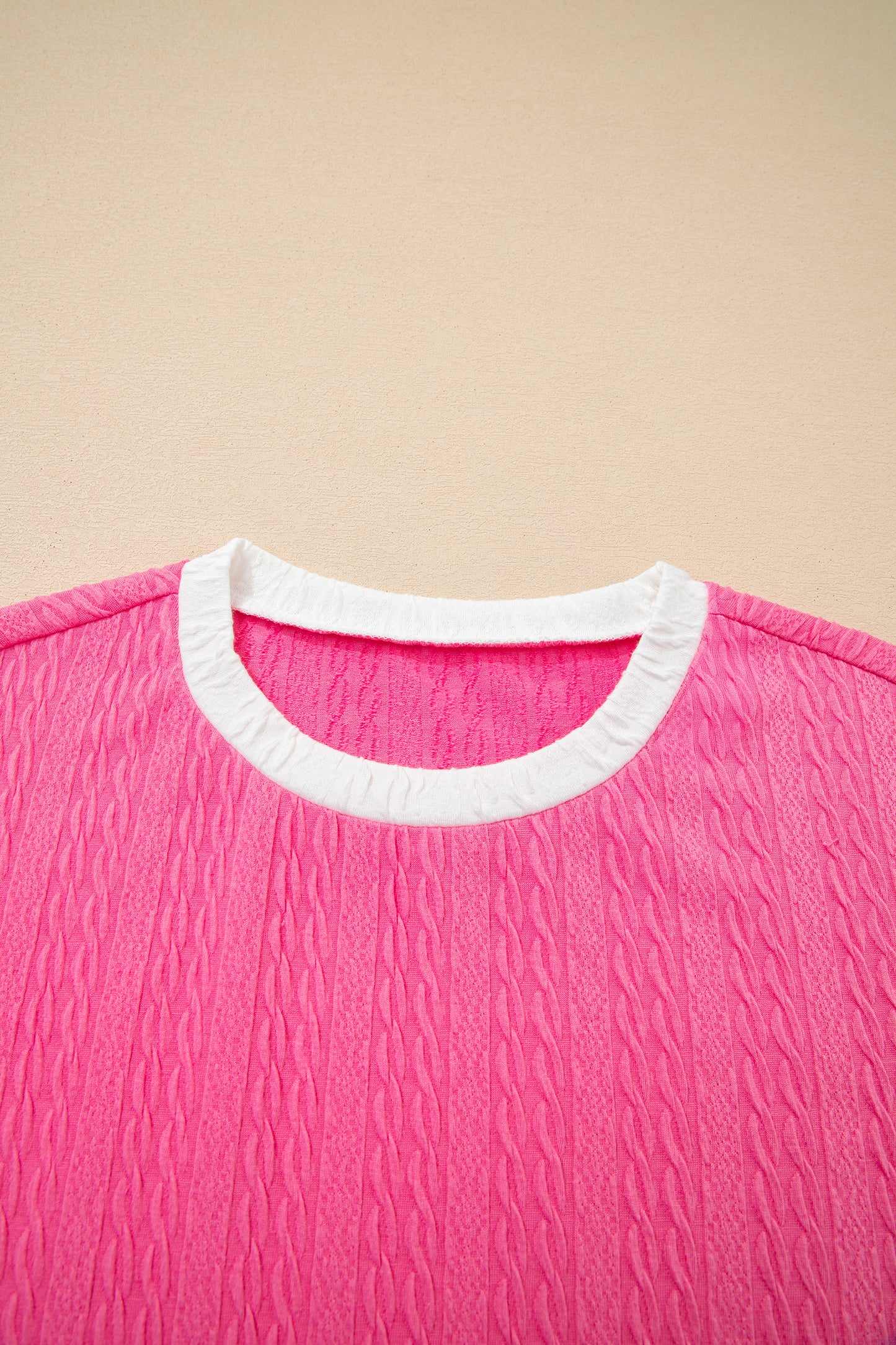 Bright Pink Textured Color Block Trim Loose Tee Drawstring Shorts 2pcs Set-Two Piece Sets/Short Sets-[Adult]-[Female]-2022 Online Blue Zone Planet