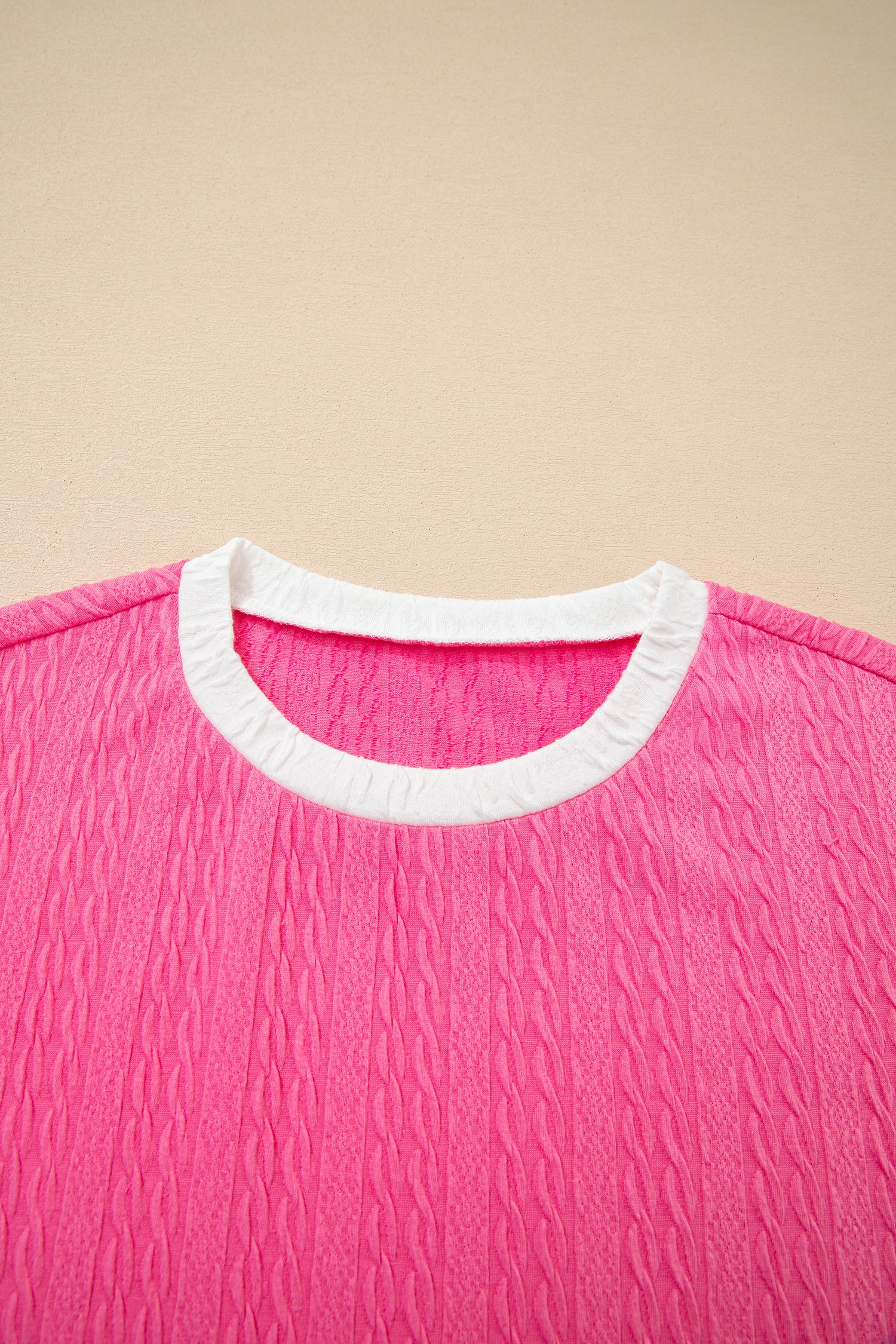 Bright Pink Textured Color Block Trim Loose Tee Drawstring Shorts 2pcs Set-Two Piece Sets/Short Sets-[Adult]-[Female]-2022 Online Blue Zone Planet