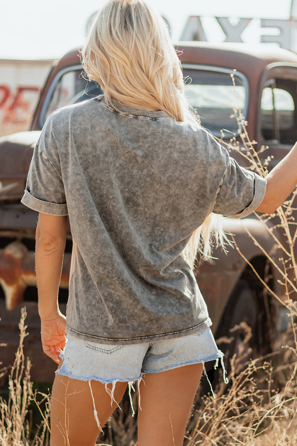 Light Grey Western Steer Head Tie Dye Print Crew Neck T Shirt-Graphic/Graphic Tees-[Adult]-[Female]-2022 Online Blue Zone Planet