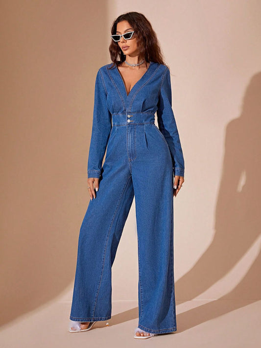 Plunge Long Sleeve Wide Leg Denim Jumpsuit-TOPS / DRESSES-[Adult]-[Female]-Medium-XS-2022 Online Blue Zone Planet