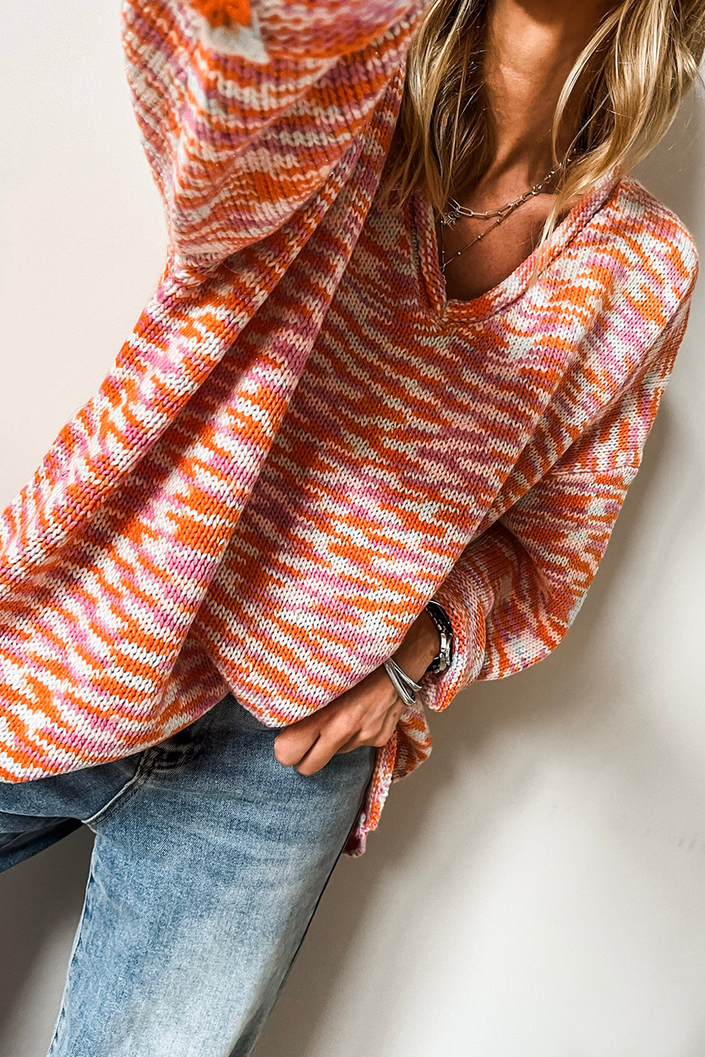 Orange Vibrant Abstract Print Drop Shoulder V Neck Tunic Oversized Sweater-Sweaters & Cardigans/Sweaters-[Adult]-[Female]-2022 Online Blue Zone Planet