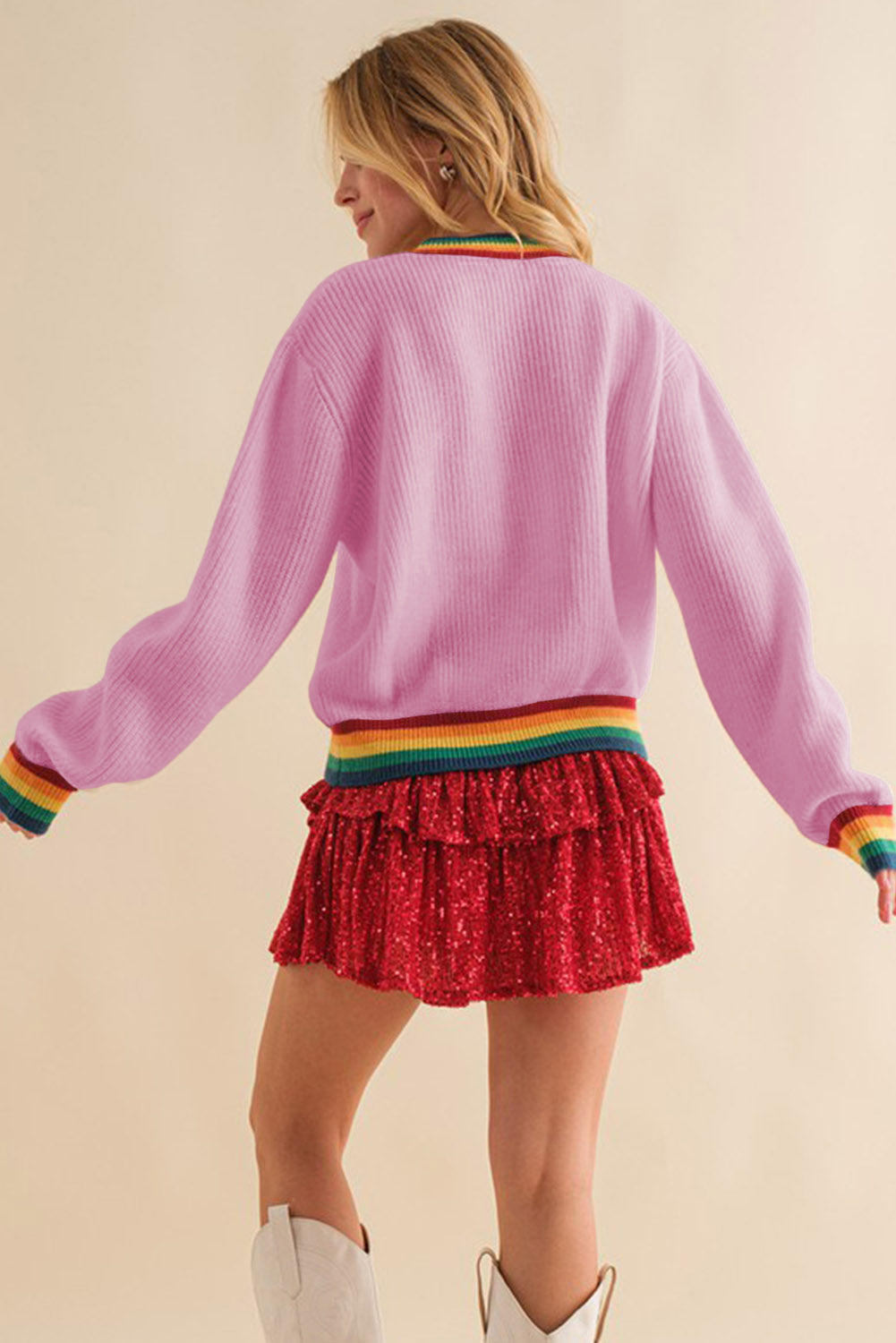 Bonbon Merry & Bright Colorful Stripes Trim Sweater-Sweaters & Cardigans/Sweaters-[Adult]-[Female]-2022 Online Blue Zone Planet