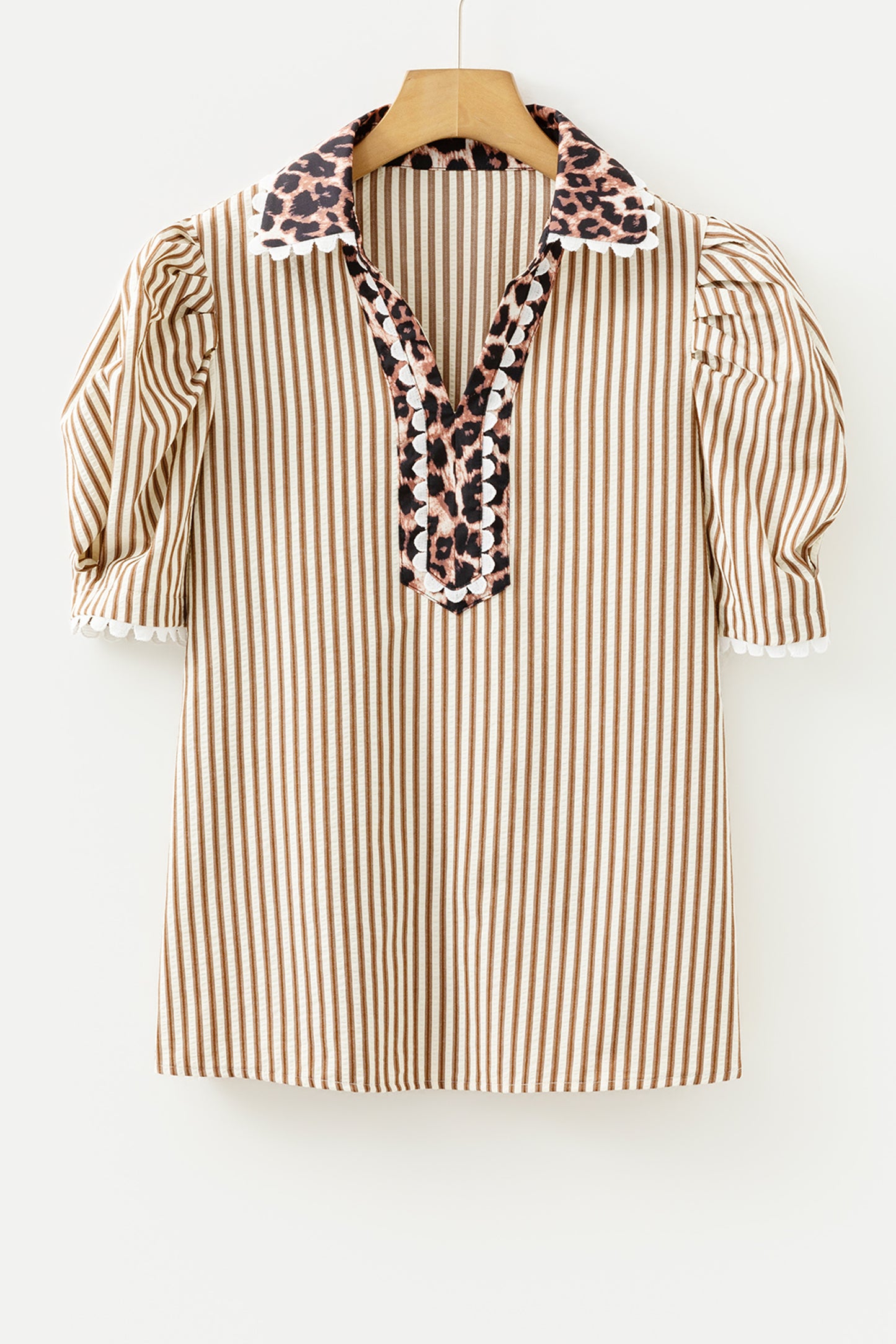Brown Stripe Ricrac Trim Short Puff Sleeve Leopard Patchwork Collar V Neck Blouse-Tops/Blouses & Shirts-[Adult]-[Female]-2022 Online Blue Zone Planet