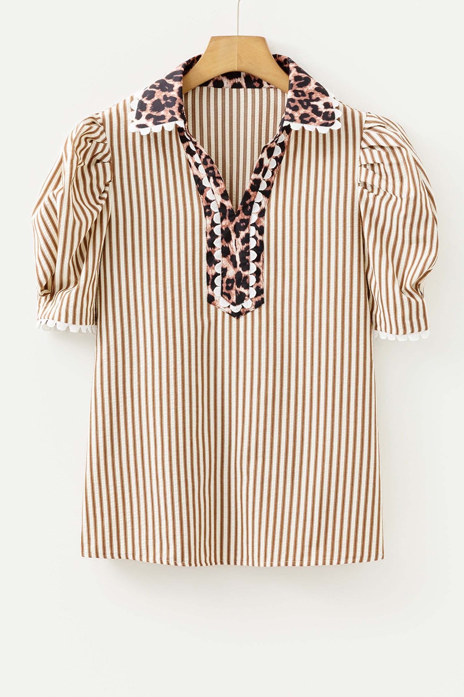 Brown Stripe Ricrac Trim Short Puff Sleeve Leopard Patchwork Collar V Neck Blouse-Tops/Blouses & Shirts-[Adult]-[Female]-2022 Online Blue Zone Planet