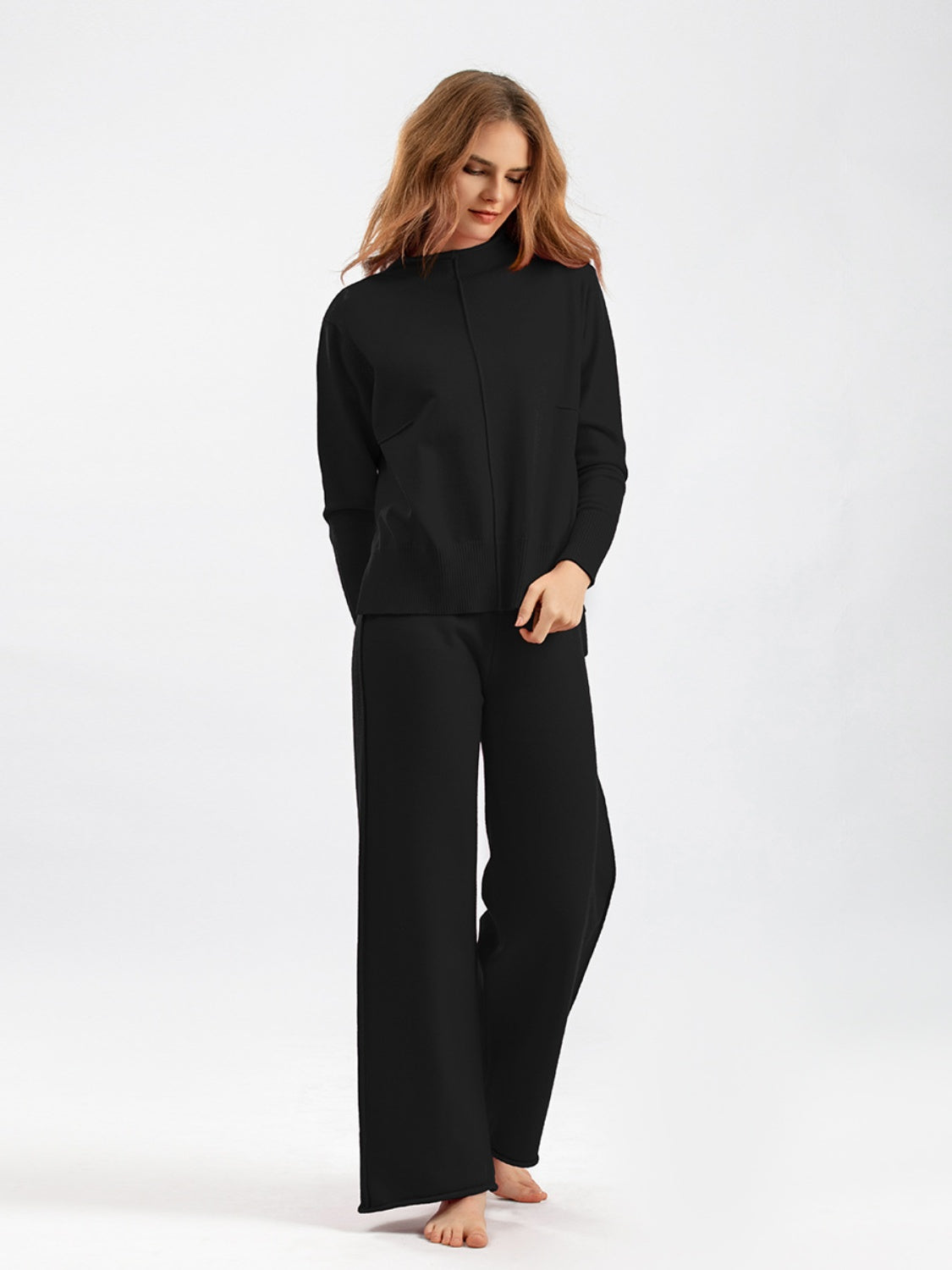 Blue Zone Planet | Basic Bae Mock Neck Long Sleeve Top and Pants Sweater Set-TOPS / DRESSES-[Adult]-[Female]-Black-One Size-2022 Online Blue Zone Planet