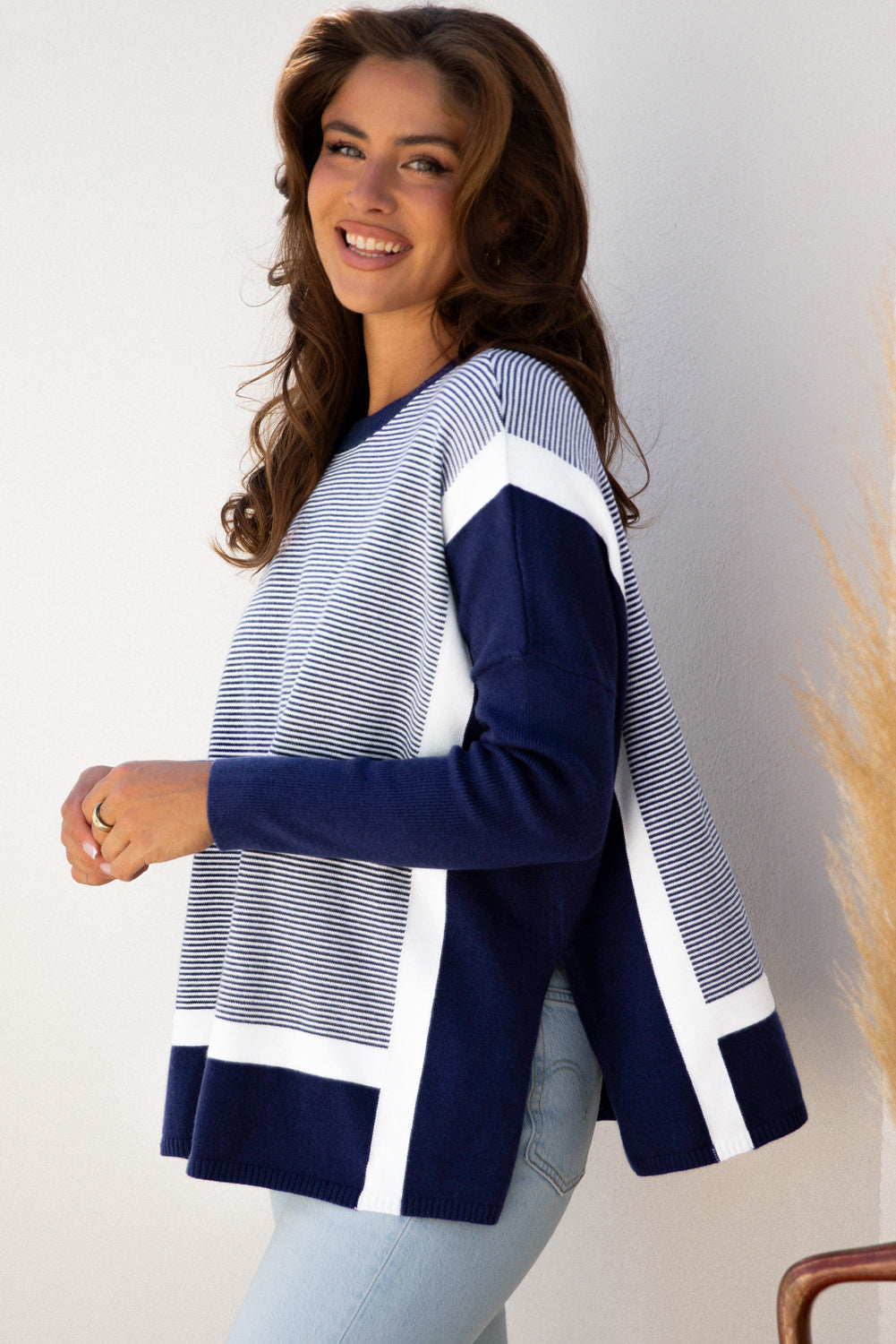 Blue Stripe Color Block Patchwork Dolman Oversize Tunic Sweater-Sweaters & Cardigans/Sweaters-[Adult]-[Female]-2022 Online Blue Zone Planet