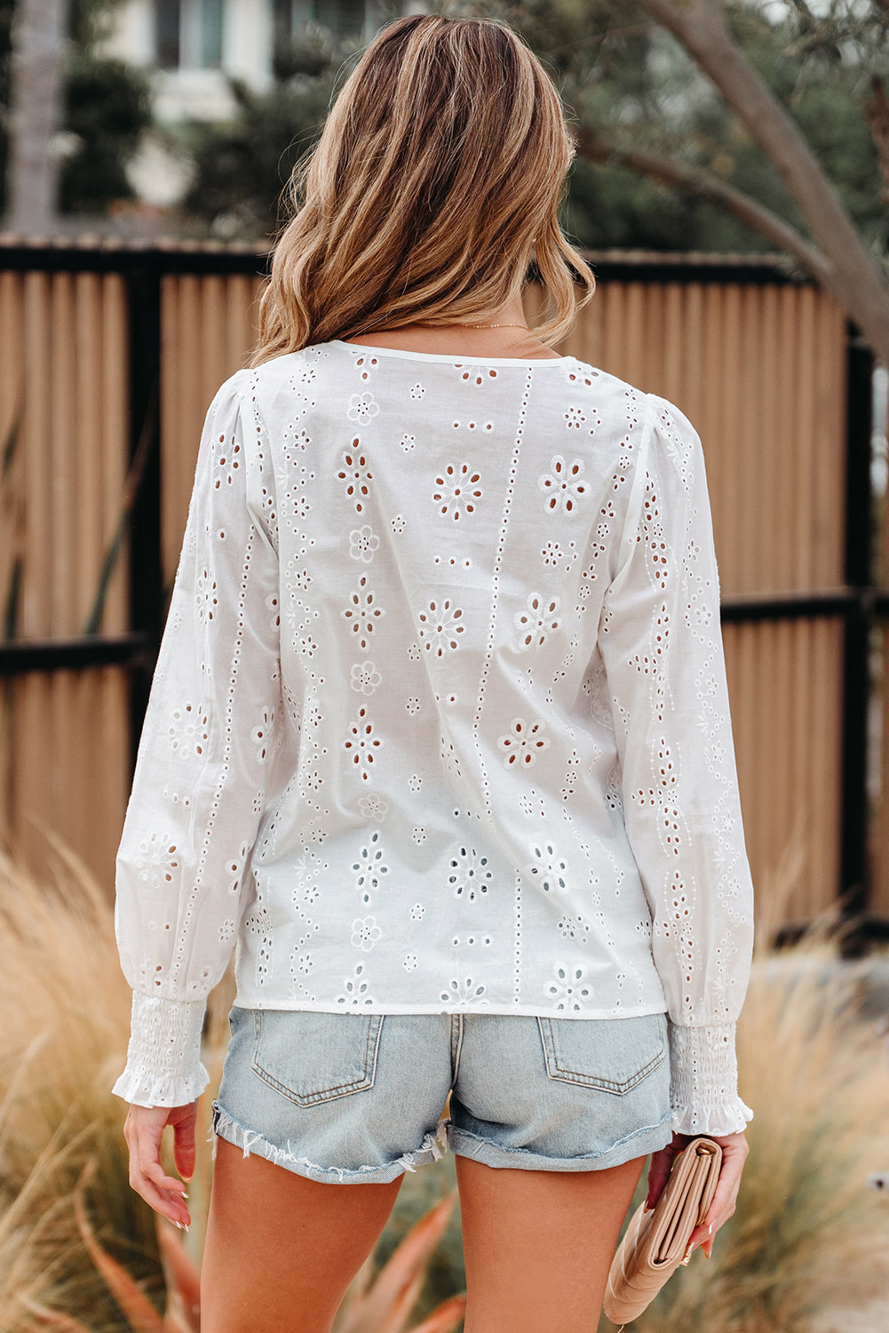 White Eyelet Embroidered Smocked Cuff Sheer Blouse-Tops/Blouses & Shirts-[Adult]-[Female]-2022 Online Blue Zone Planet