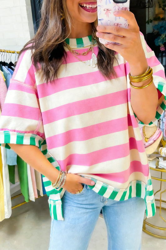 Pink Stripe Exposed Seam Contrast Patchwork Oversized Top-Tops/Tops & Tees-[Adult]-[Female]-Pink Stripe-S-2022 Online Blue Zone Planet
