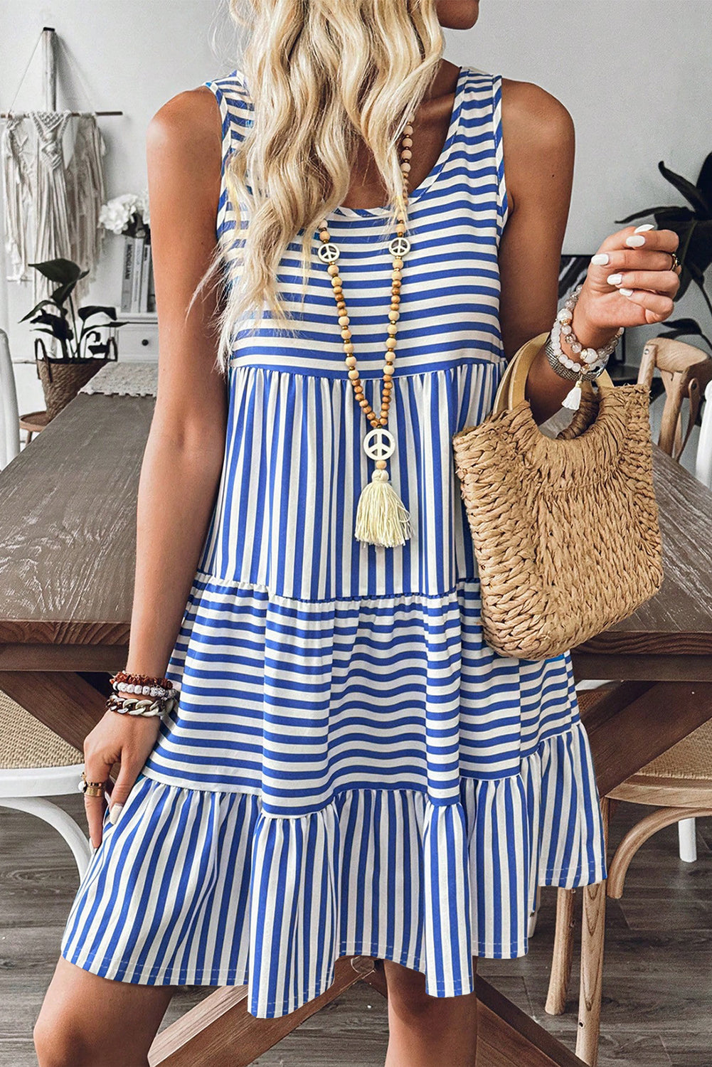 fitted lace wedding dress Sky Blue Stripe U Neck Sleeveless Loose Fit Mini Dress – Blue Zone Planet