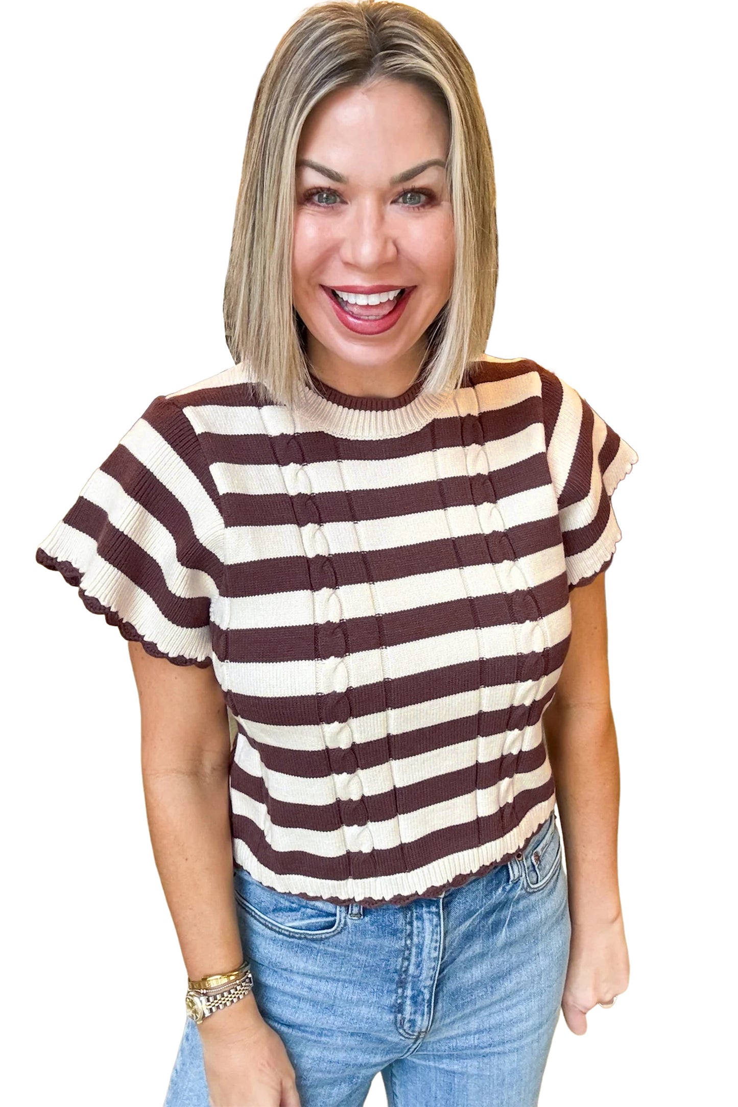 Brown Stripe Ribbed Knit Cable Detail Short Sleeve Sweater-TOPS / DRESSES-[Adult]-[Female]-2022 Online Blue Zone Planet