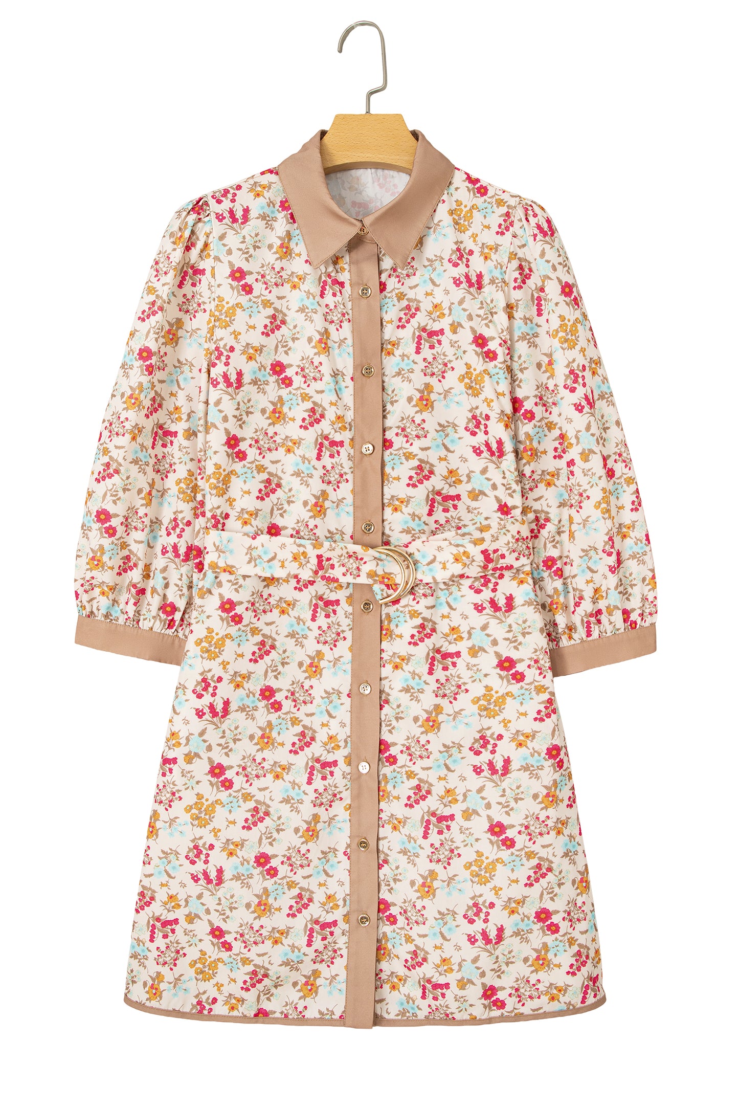 Orange Floral Print Color Block Trim Button Down 3/4 Sleeve Belted Mini Dress-TOPS / DRESSES-[Adult]-[Female]-2022 Online Blue Zone Planet