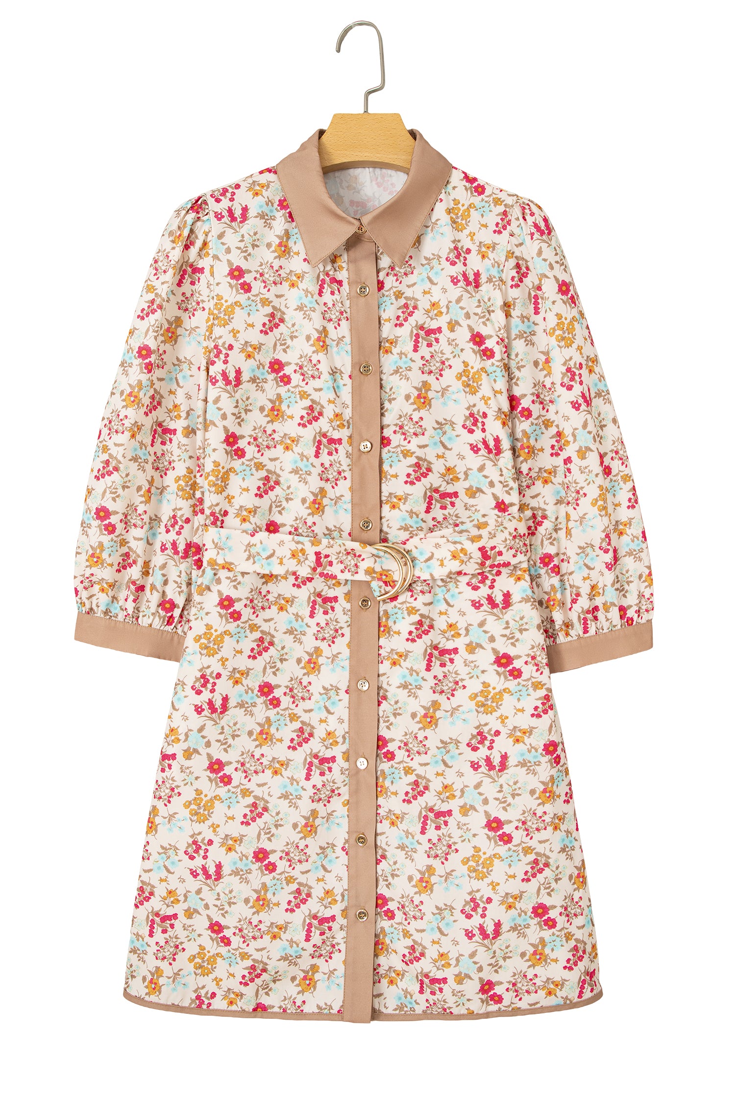 Orange Floral Print Color Block Trim Button Down 3/4 Sleeve Belted Mini Dress-TOPS / DRESSES-[Adult]-[Female]-2022 Online Blue Zone Planet