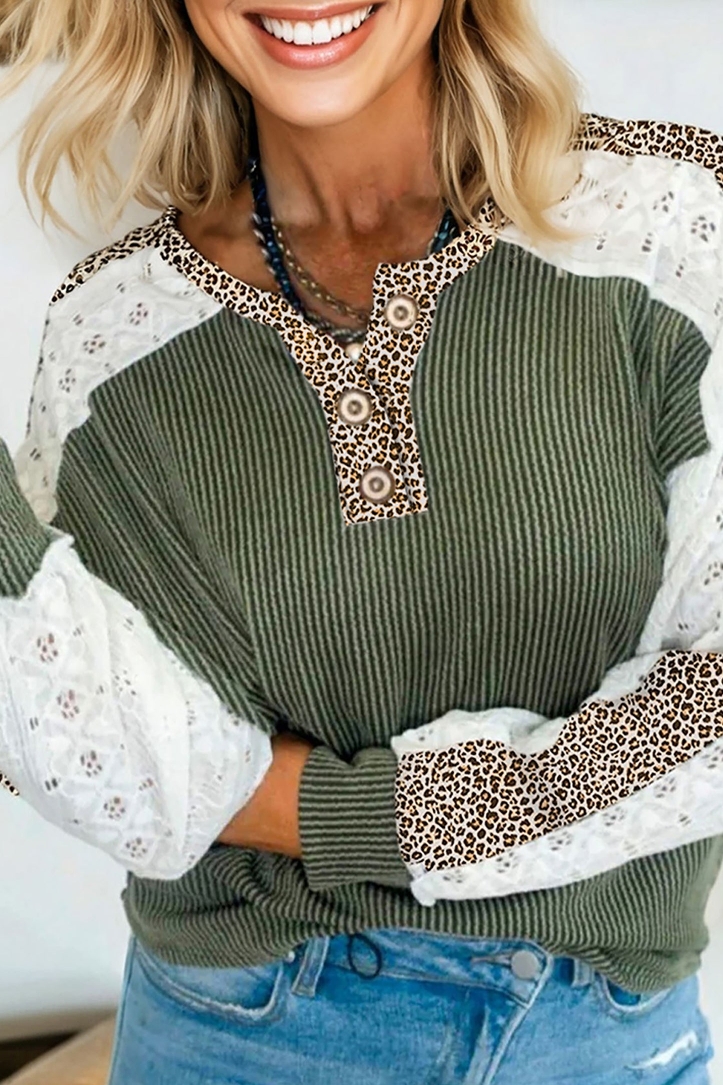 Vineyard Green Twisted Ribbed Leopard Lace Contrast Patchwork Long Sleeve Top-Tops/Long Sleeve Tops-[Adult]-[Female]-Vineyard Green-S-2022 Online Blue Zone Planet