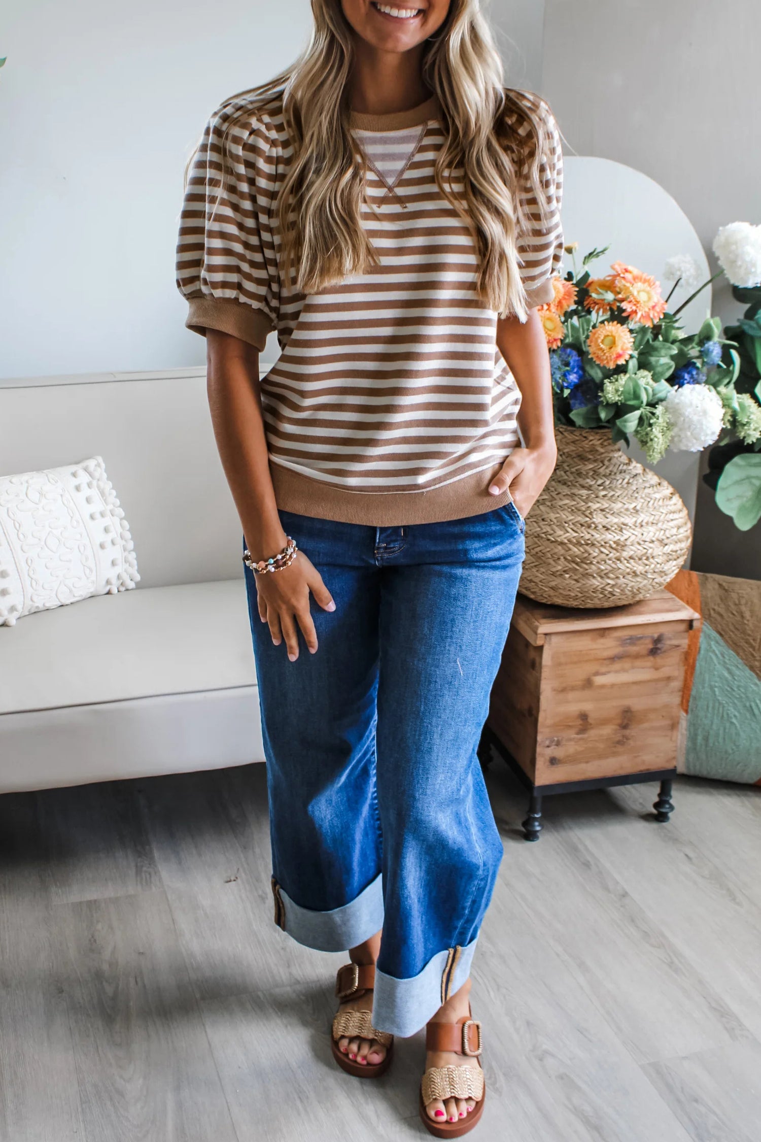 Orange Stripe Short Bubble Sleeve T Shirt-Tops/Tops & Tees-[Adult]-[Female]-2022 Online Blue Zone Planet