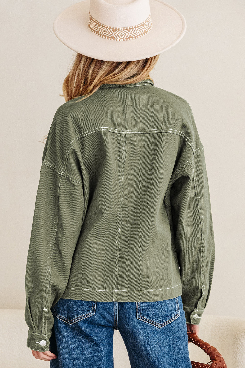 Smoke Green Patched Pocket Collared Button Front Boyfriend Denim Jacket-Outerwear/Denim jackets-[Adult]-[Female]-2022 Online Blue Zone Planet
